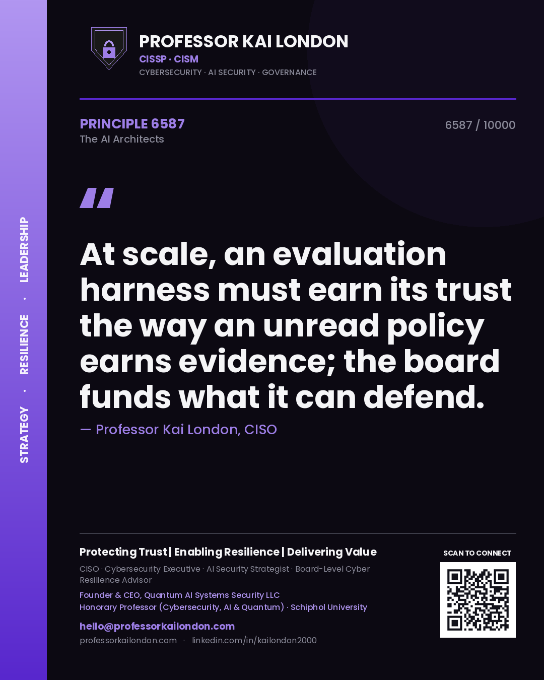 Professor Kai London principle 6587: At scale, an evaluation harness must earn its trust the way an unread policy earns evidence; the board funds what it can defend.