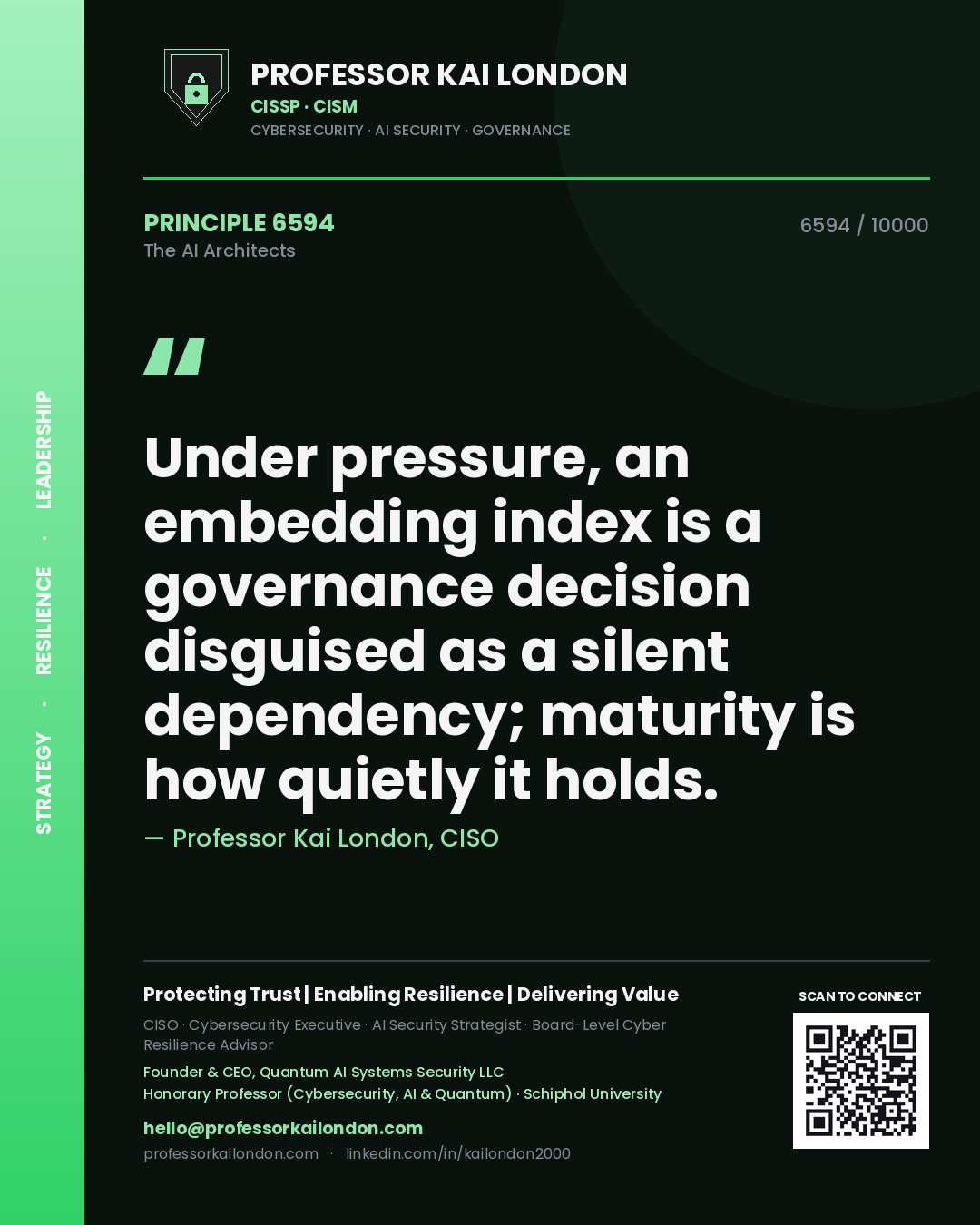 Quote card by Professor Kai London reading 'Under pressure, an embedding index is a governance decision disguised as a silent dependency; maturity is how quietly it holds.'. From the book The AI Architects.