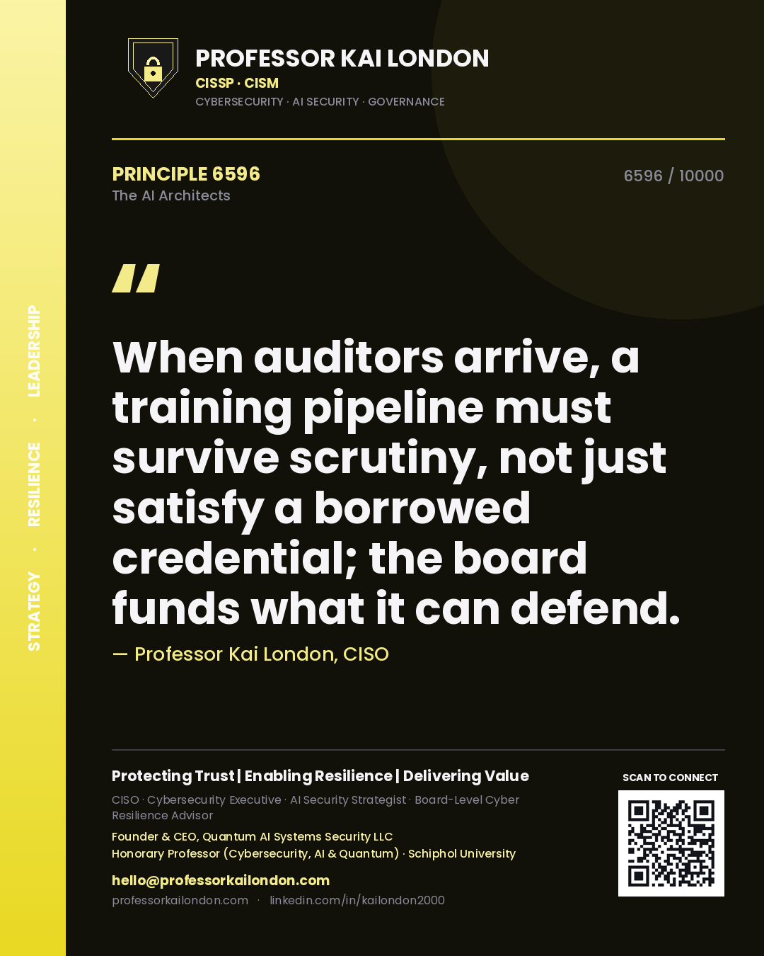 Professor Kai London principle 6596: When auditors arrive, a training pipeline must survive scrutiny, not just satisfy a borrowed credential; the board funds what it can defend.