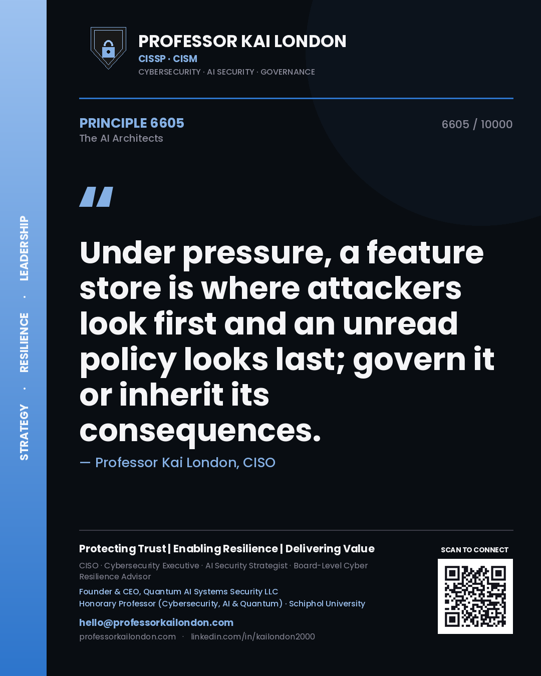 Quote card by Professor Kai London reading 'Under pressure, a feature store is where attackers look first and an unread policy looks last; govern it or inherit its consequences.'. From the book The AI Architects.