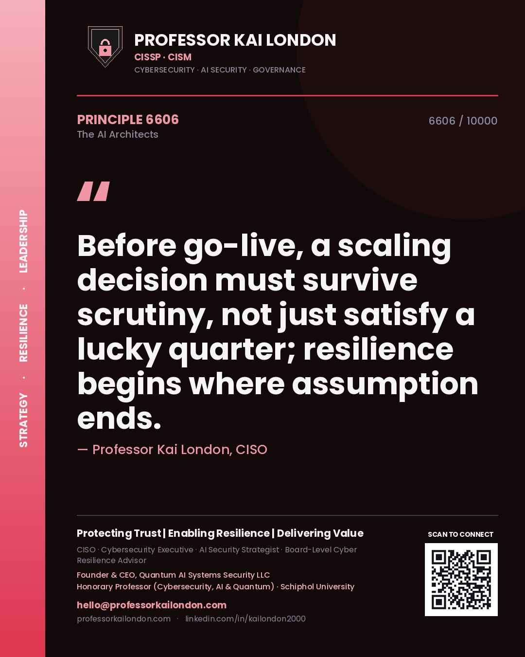 Quote card by Professor Kai London reading 'Before go-live, a scaling decision must survive scrutiny, not just satisfy a lucky quarter; resilience begins where assumption ends.'. From the book The AI Architects.
