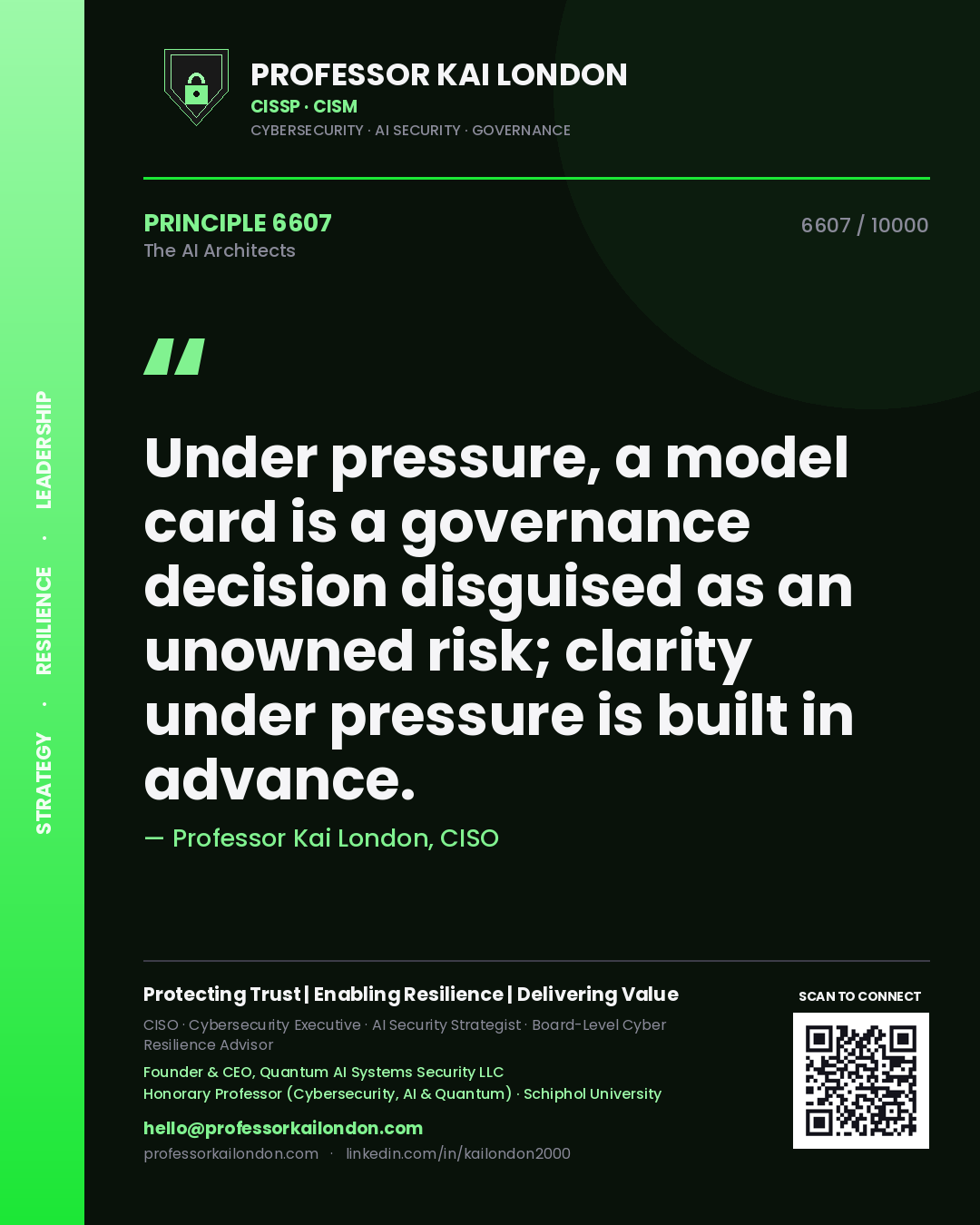 Quote card by Professor Kai London reading 'Under pressure, a model card is a governance decision disguised as an unowned risk; clarity under pressure is built in advance.'. From the book The AI Architects.