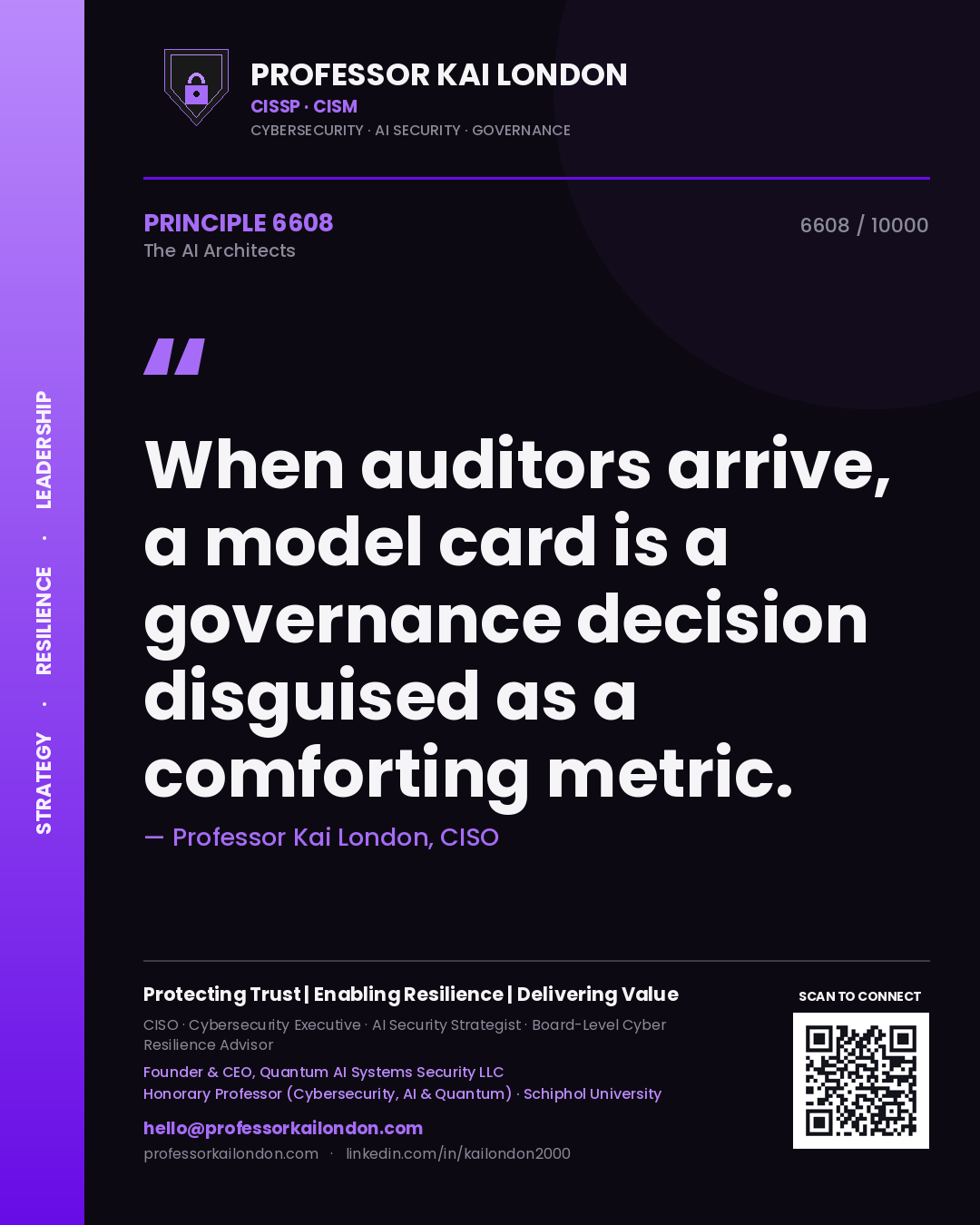 Quote card by Professor Kai London reading 'When auditors arrive, a model card is a governance decision disguised as a comforting metric.'. From the book The AI Architects.