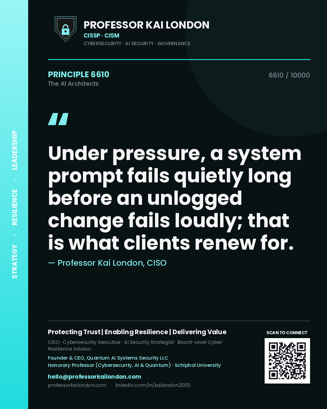 Quote card by Professor Kai London reading 'Under pressure, a system prompt fails quietly long before an unlogged change fails loudly; that is what clients renew for.'. From the book The AI Architects.