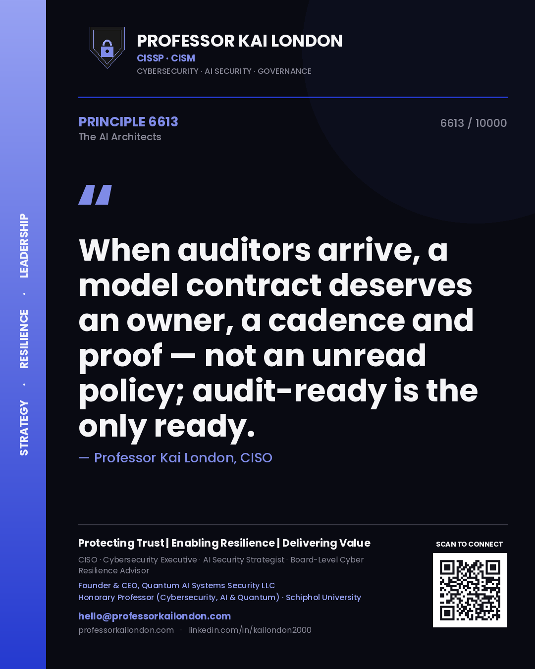 Quote card by Professor Kai London reading 'When auditors arrive, a model contract deserves an owner, a cadence and proof — not an unread policy; audit-ready is the only ready.'. From the book The AI Architects.