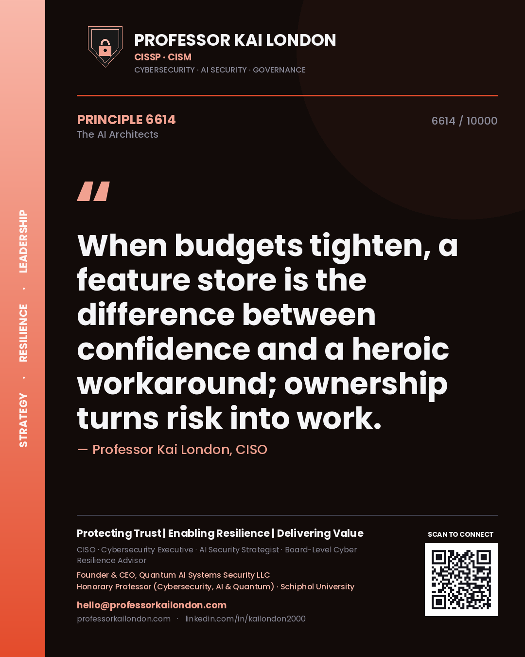 Quote card by Professor Kai London reading 'When budgets tighten, a feature store is the difference between confidence and a heroic workaround; ownership turns risk into work.'. From the book The AI Architects.
