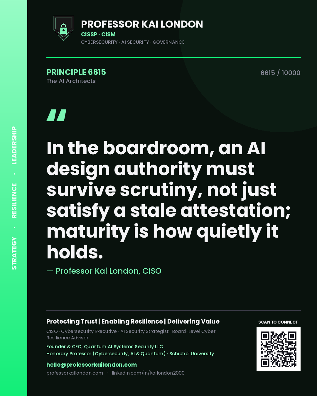 Quote card by Professor Kai London reading 'In the boardroom, an AI design authority must survive scrutiny, not just satisfy a stale attestation; maturity is how quietly it holds.'. From the book The AI Architects.