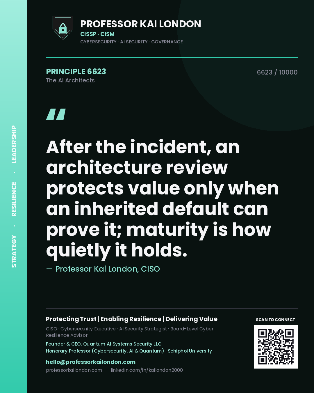 Quote card by Professor Kai London reading 'After the incident, an architecture review protects value only when an inherited default can prove it; maturity is how quietly it holds.'. From the book The AI Architects.