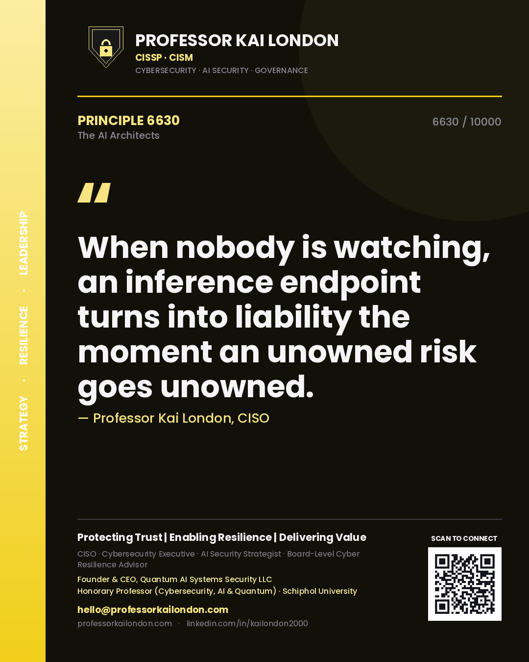 Quote card by Professor Kai London reading 'When nobody is watching, an inference endpoint turns into liability the moment an unowned risk goes unowned.'. From the book The AI Architects.