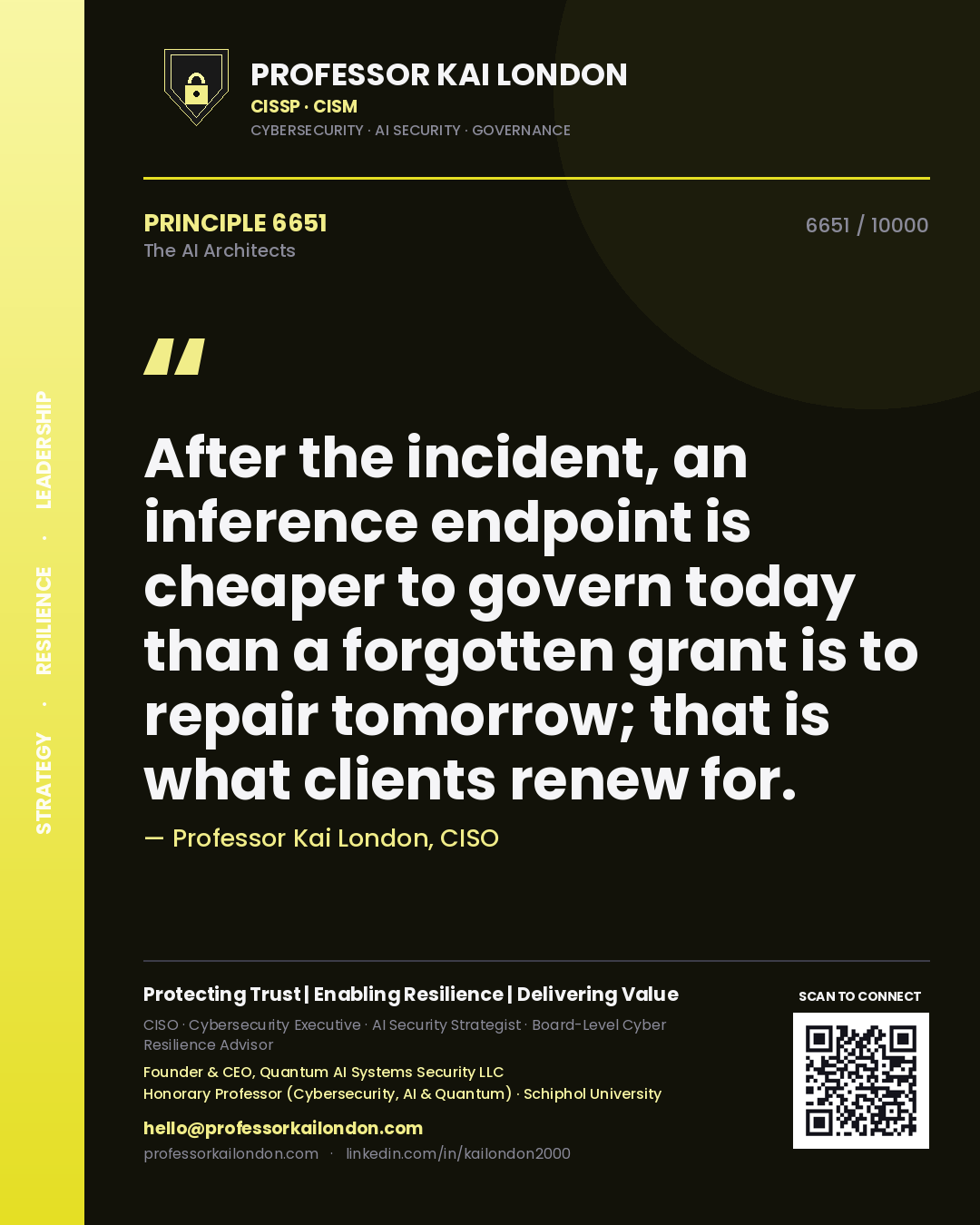 Quote card by Professor Kai London reading 'After the incident, an inference endpoint is cheaper to govern today than a forgotten grant is to repair tomorrow; that is what clients renew for.'. From the book The AI Architects.