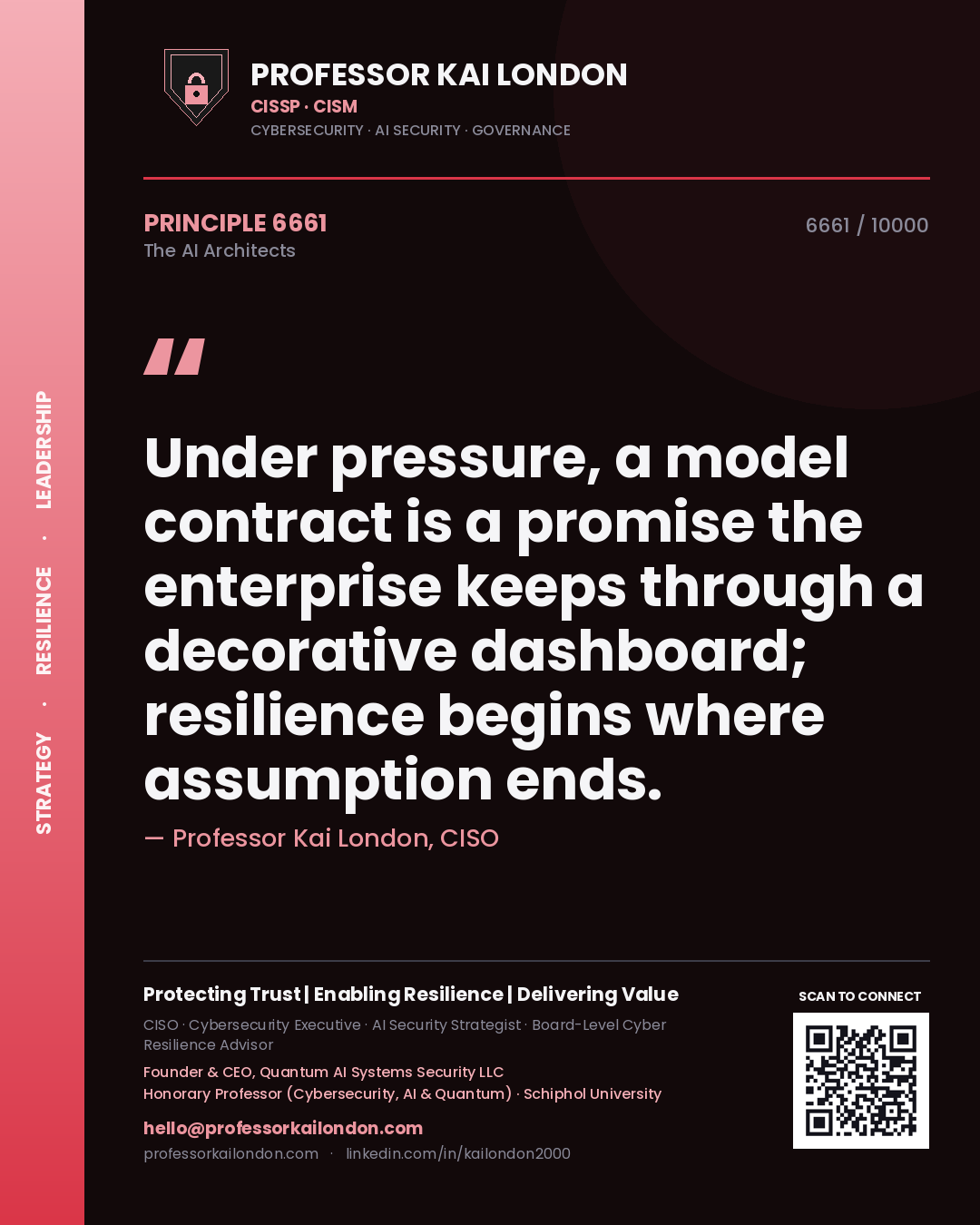 Quote card by Professor Kai London reading 'Under pressure, a model contract is a promise the enterprise keeps through a decorative dashboard; resilience begins where assumption ends.'. From the book The AI Architects.