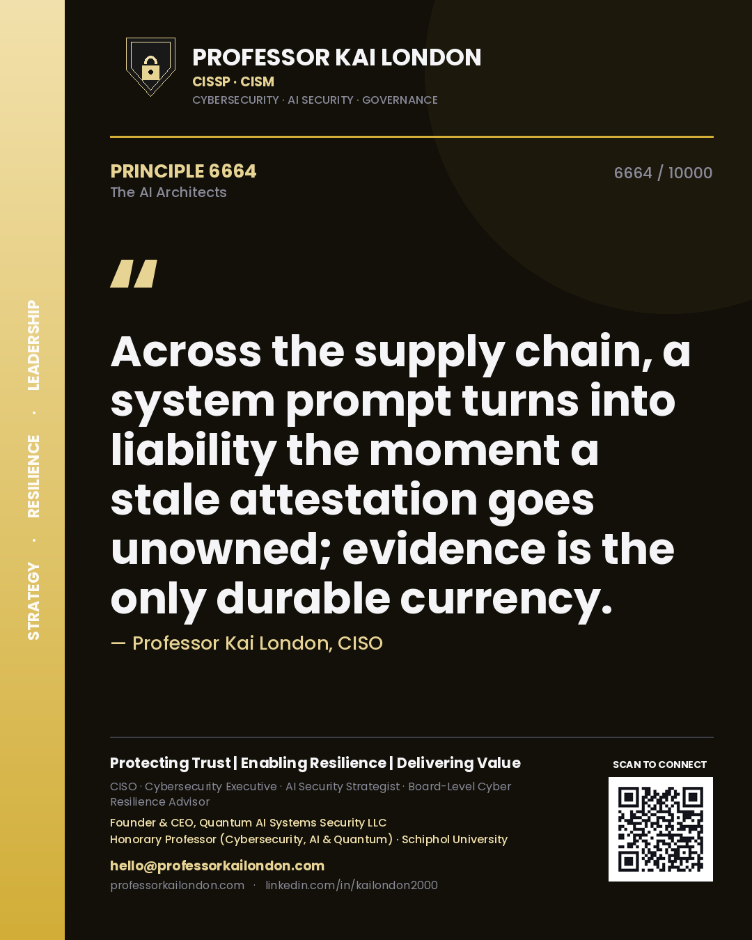 Quote card by Professor Kai London reading 'Across the supply chain, a system prompt turns into liability the moment a stale attestation goes unowned; evidence is the only durable currency.'. From the book The AI Architects.