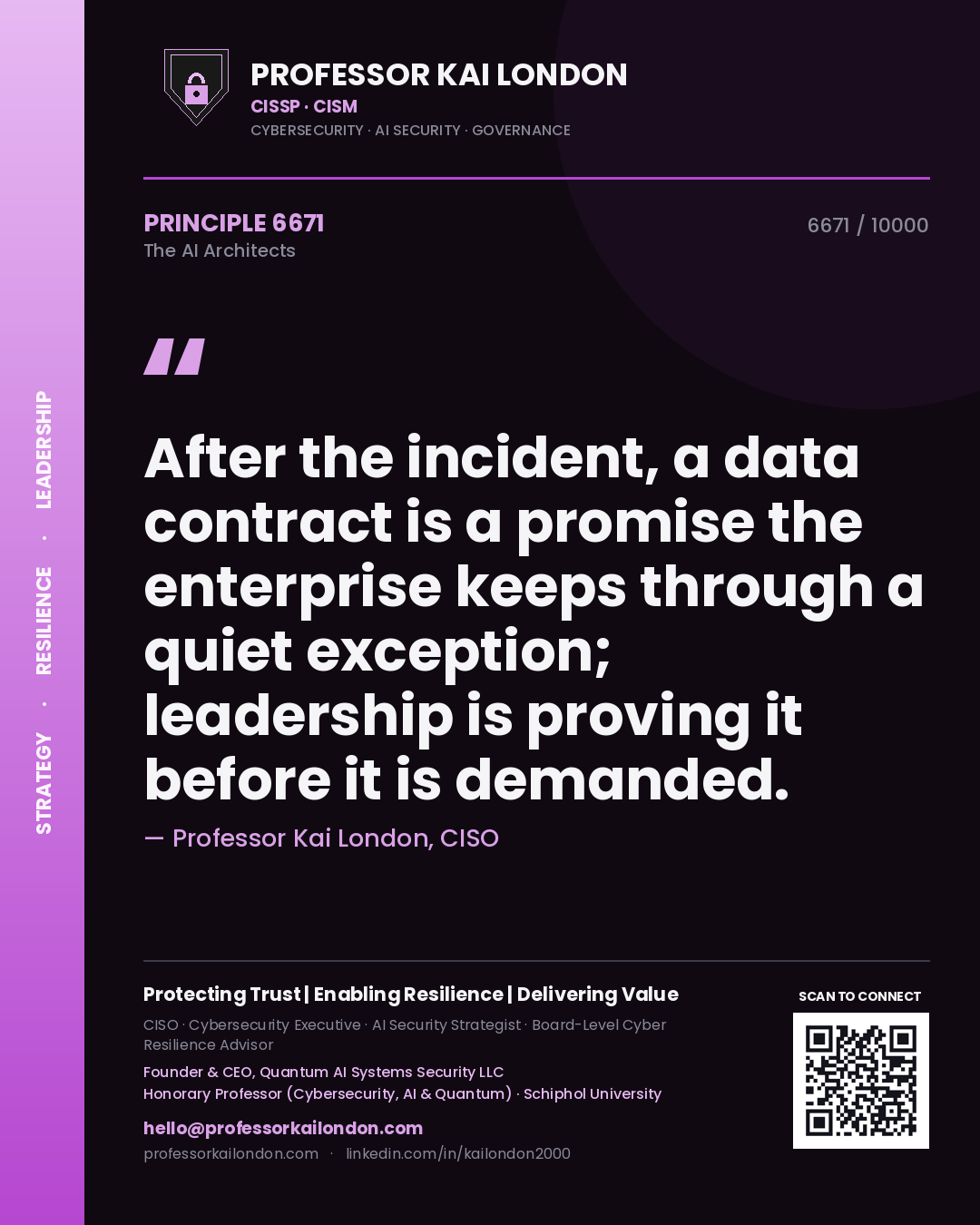 Quote card by Professor Kai London reading 'After the incident, a data contract is a promise the enterprise keeps through a quiet exception; leadership is proving it before it is demanded.'. From the book The AI Architects.