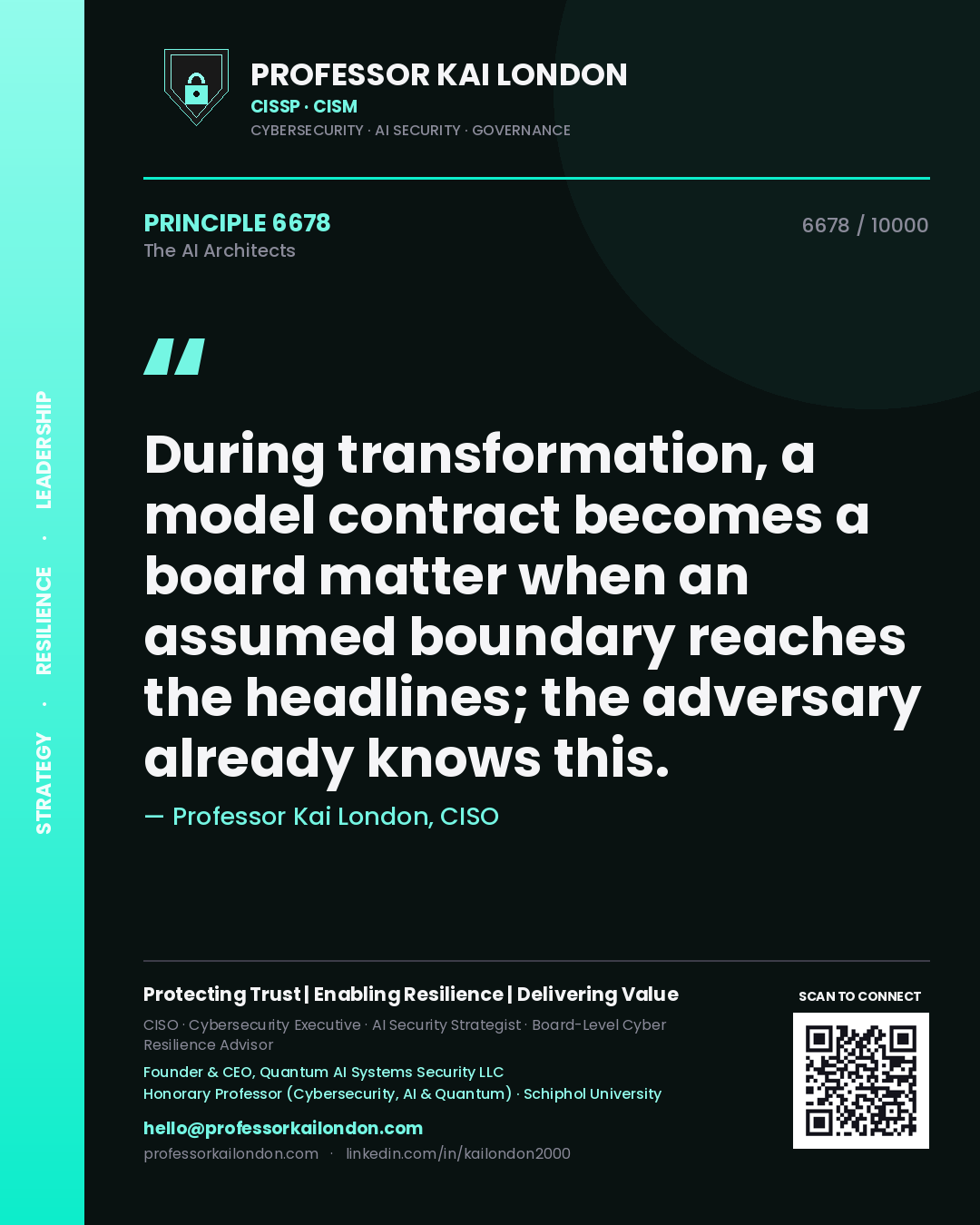 Quote card by Professor Kai London reading 'During transformation, a model contract becomes a board matter when an assumed boundary reaches the headlines; the adversary already knows this.'. From the book The AI Architects.