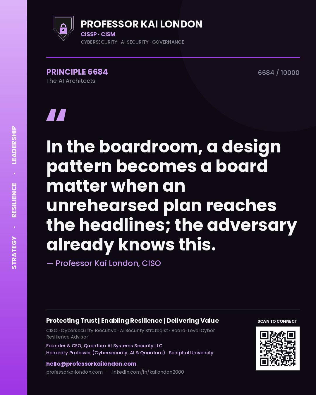 Quote card by Professor Kai London reading 'In the boardroom, a design pattern becomes a board matter when an unrehearsed plan reaches the headlines; the adversary already knows this.'. From the book The AI Architects.
