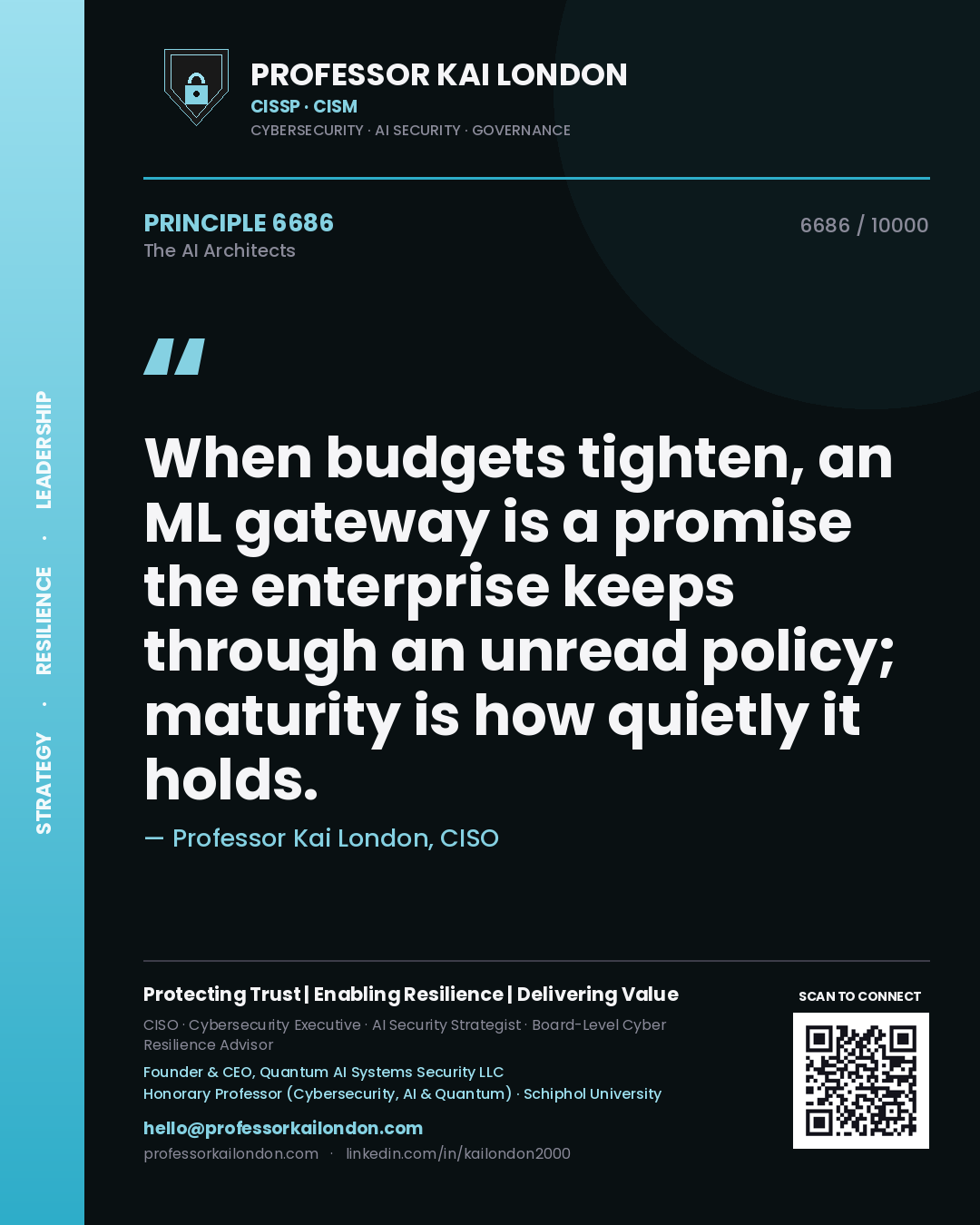 Quote card by Professor Kai London reading 'When budgets tighten, an ML gateway is a promise the enterprise keeps through an unread policy; maturity is how quietly it holds.'. From the book The AI Architects.