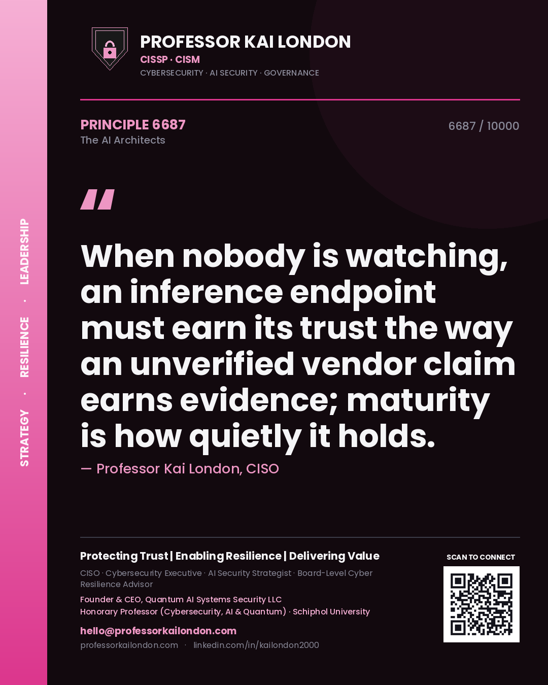 Quote card by Professor Kai London reading 'When nobody is watching, an inference endpoint must earn its trust the way an unverified vendor claim earns evidence; maturity is how quietly it holds.'. From the book The AI Architects.