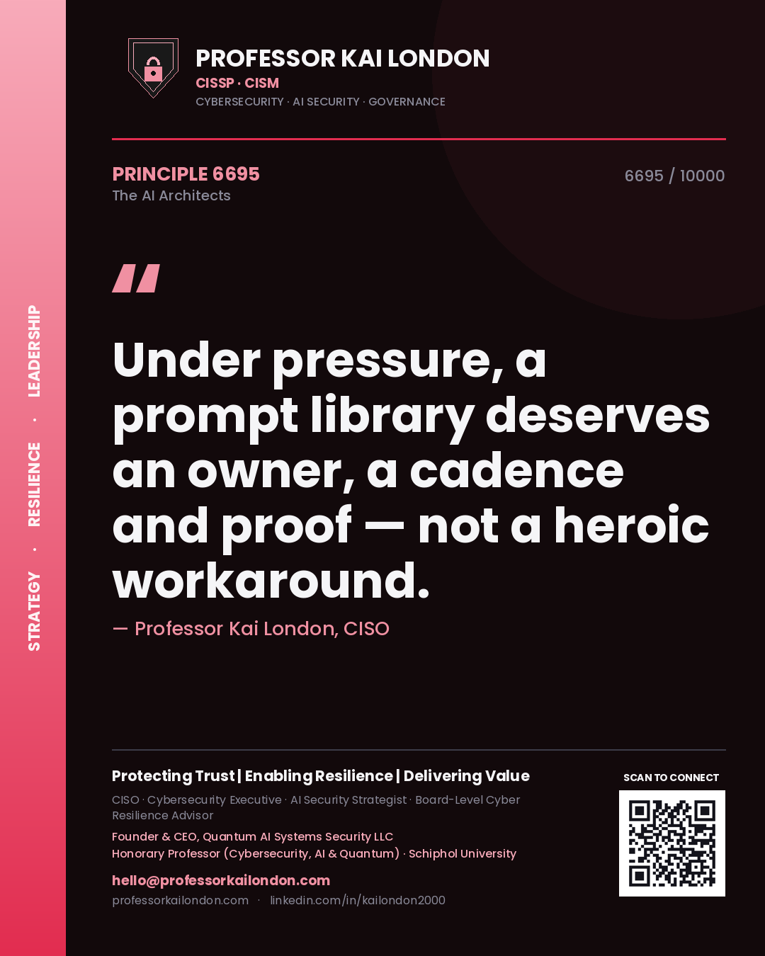 Quote card by Professor Kai London reading 'Under pressure, a prompt library deserves an owner, a cadence and proof — not a heroic workaround.'. From the book The AI Architects.