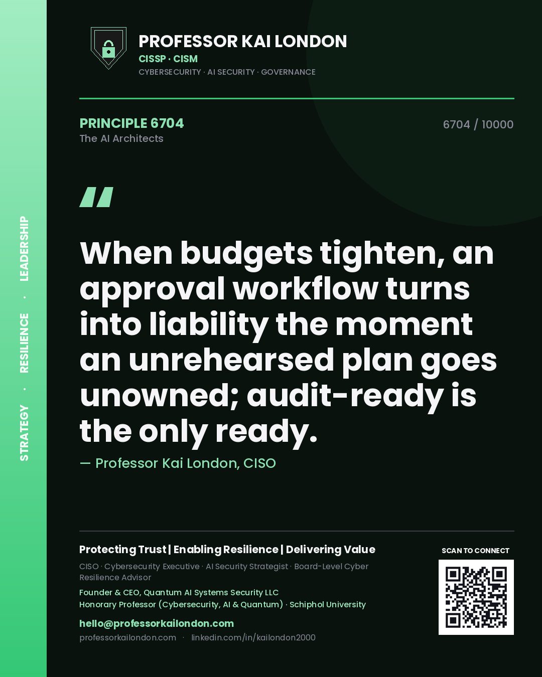 Quote card by Professor Kai London reading 'When budgets tighten, an approval workflow turns into liability the moment an unrehearsed plan goes unowned; audit-ready is the only ready.'. From the book The AI Architects.
