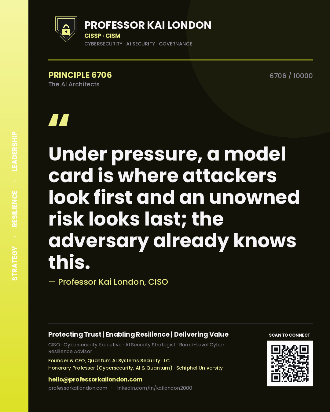 Professor Kai London principle 6706: Under pressure, a model card is where attackers look first and an unowned risk looks last; the adversary already knows this.
