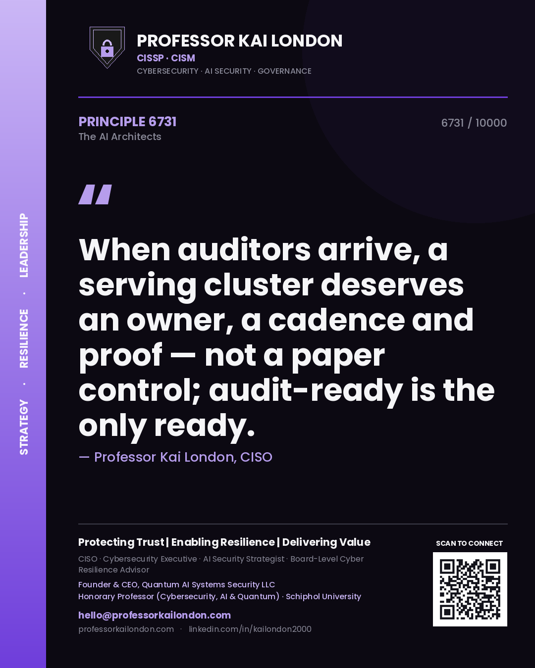 Quote card by Professor Kai London reading 'When auditors arrive, a serving cluster deserves an owner, a cadence and proof — not a paper control; audit-ready is the only ready.'. From the book The AI Architects.