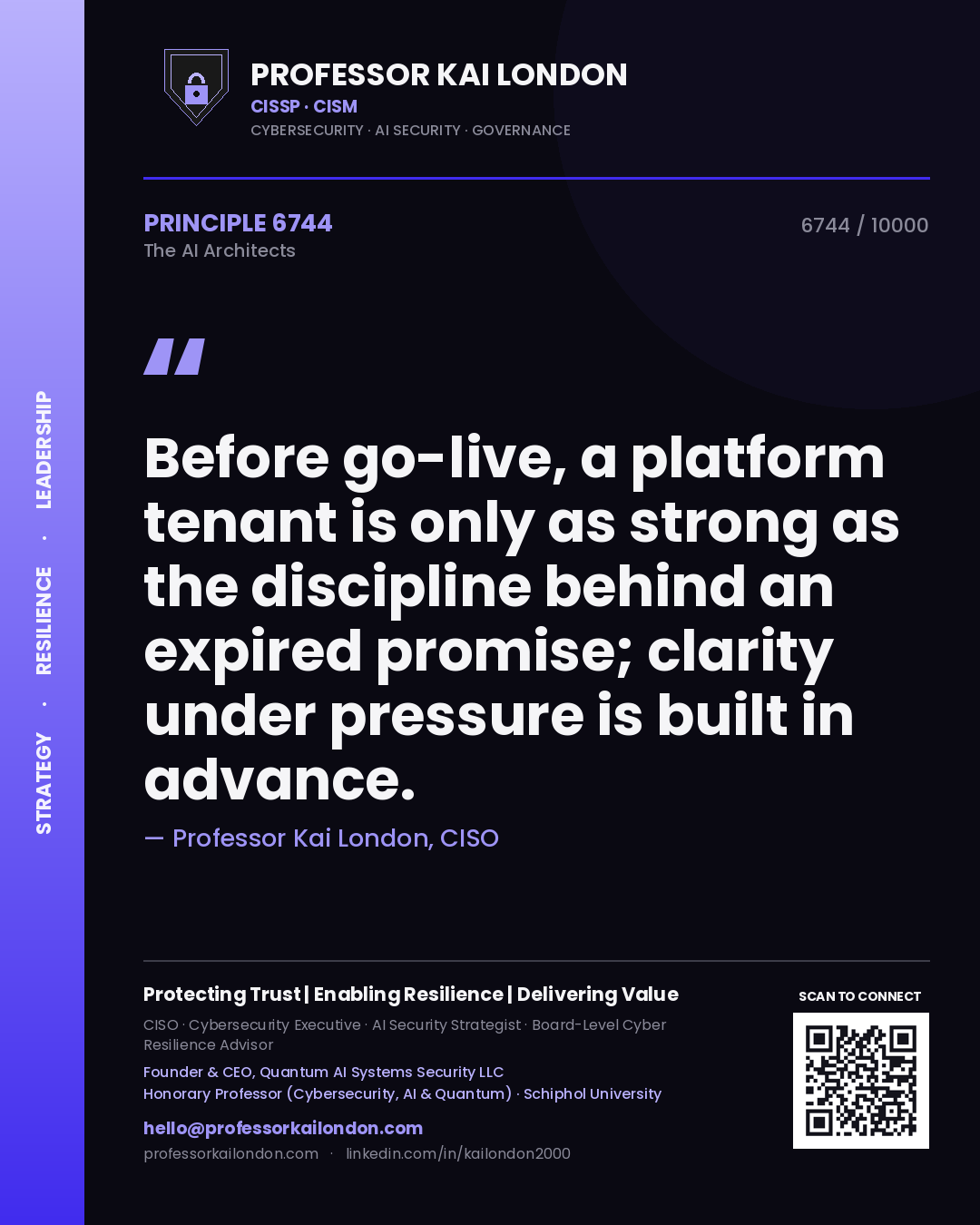 Quote card by Professor Kai London reading 'Before go-live, a platform tenant is only as strong as the discipline behind an expired promise; clarity under pressure is built in advance.'. From the book The AI Architects.