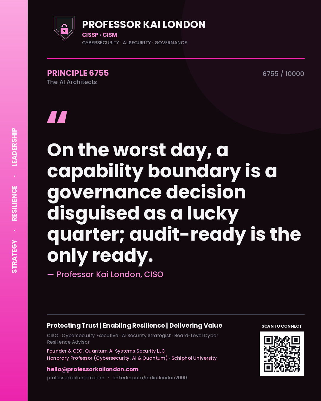 Quote card by Professor Kai London reading 'On the worst day, a capability boundary is a governance decision disguised as a lucky quarter; audit-ready is the only ready.'. From the book The AI Architects.