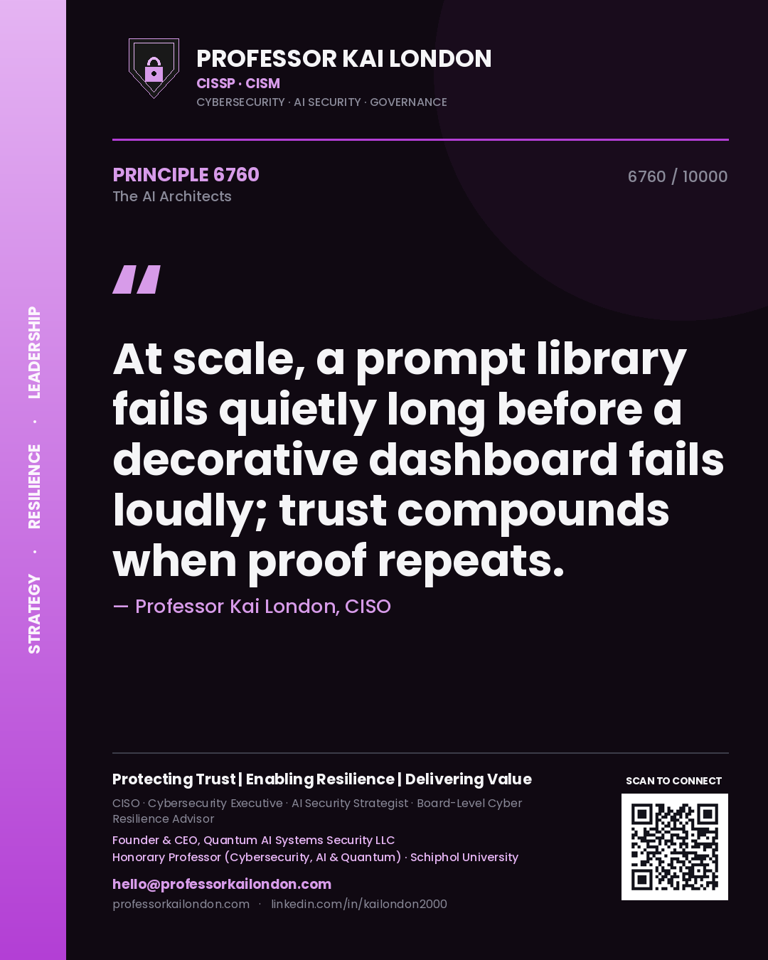 Quote card by Professor Kai London reading 'At scale, a prompt library fails quietly long before a decorative dashboard fails loudly; trust compounds when proof repeats.'. From the book The AI Architects.