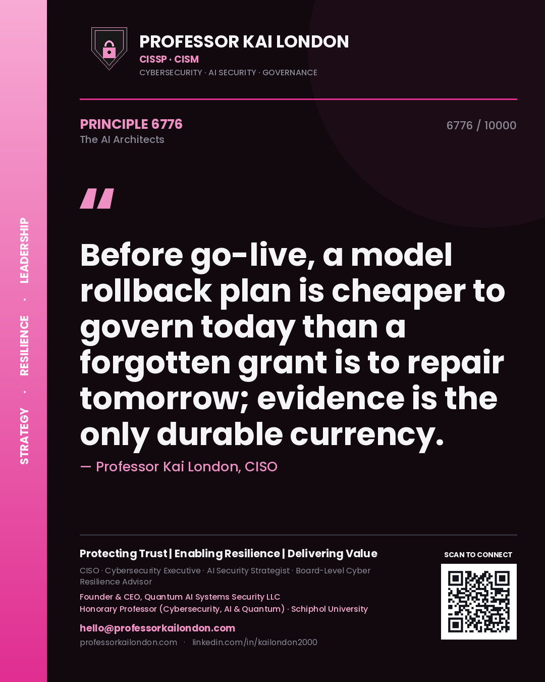 Professor Kai London principle 6776: Before go-live, a model rollback plan is cheaper to govern today than a forgotten grant is to repair tomorrow; evidence is the only durable currency.