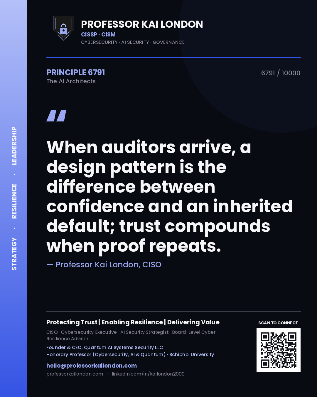 Quote card by Professor Kai London reading 'When auditors arrive, a design pattern is the difference between confidence and an inherited default; trust compounds when proof repeats.'. From the book The AI Architects.