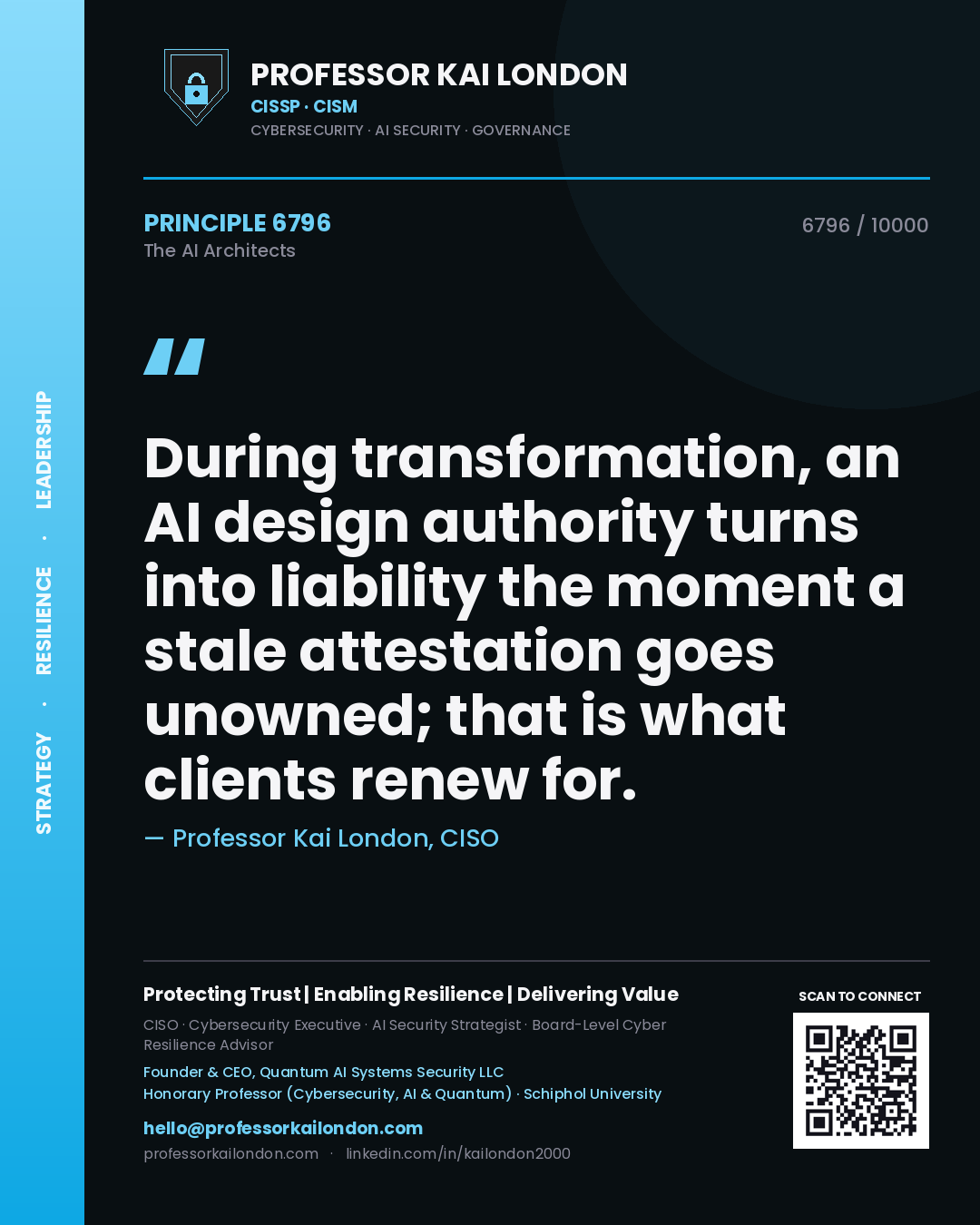 Quote card by Professor Kai London reading 'During transformation, an AI design authority turns into liability the moment a stale attestation goes unowned; that is what clients renew for.'. From the book The AI Architects.