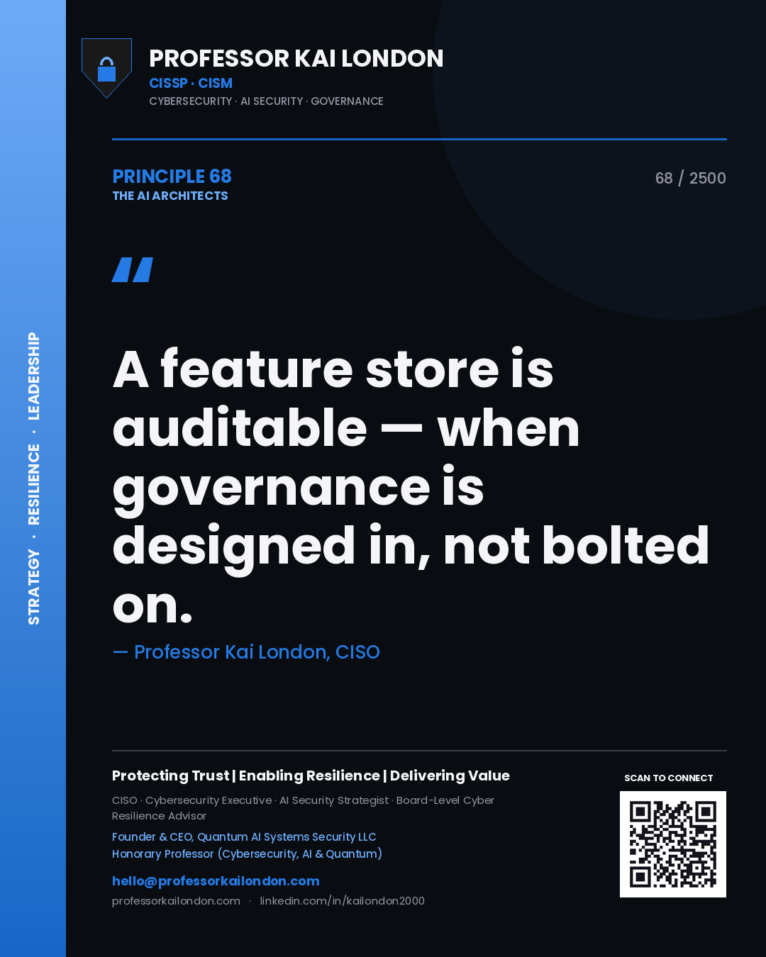 Professor Kai London principle 68: A feature store is auditable — when governance is designed in, not bolted on.