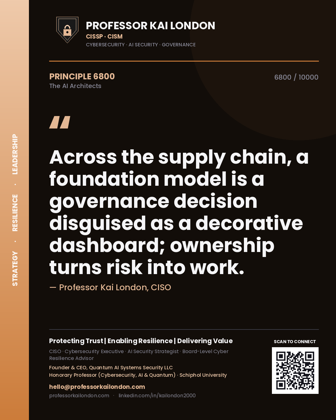 Quote card by Professor Kai London reading 'Across the supply chain, a foundation model is a governance decision disguised as a decorative dashboard; ownership turns risk into work.'. From the book The AI Architects.
