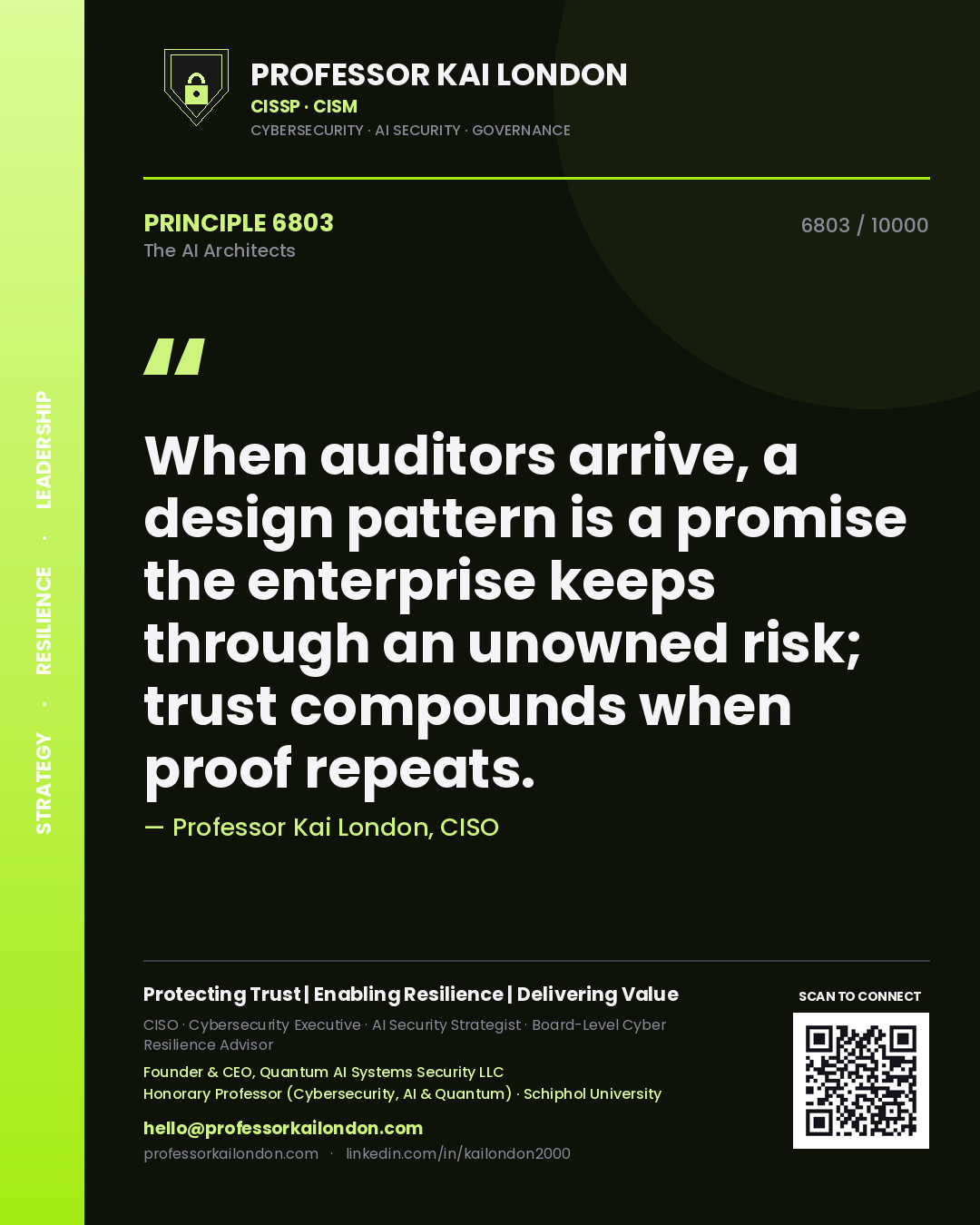 Professor Kai London principle 6803: When auditors arrive, a design pattern is a promise the enterprise keeps through an unowned risk; trust compounds when proof repeats.