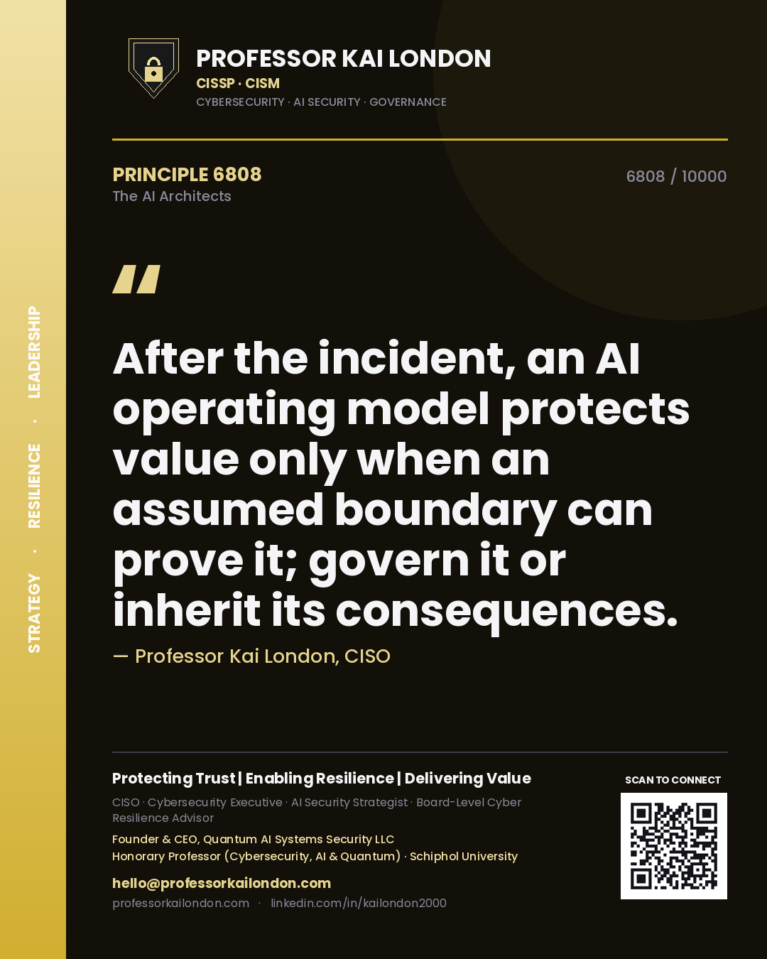 Professor Kai London principle 6808: After the incident, an AI operating model protects value only when an assumed boundary can prove it; govern it or inherit its consequences.