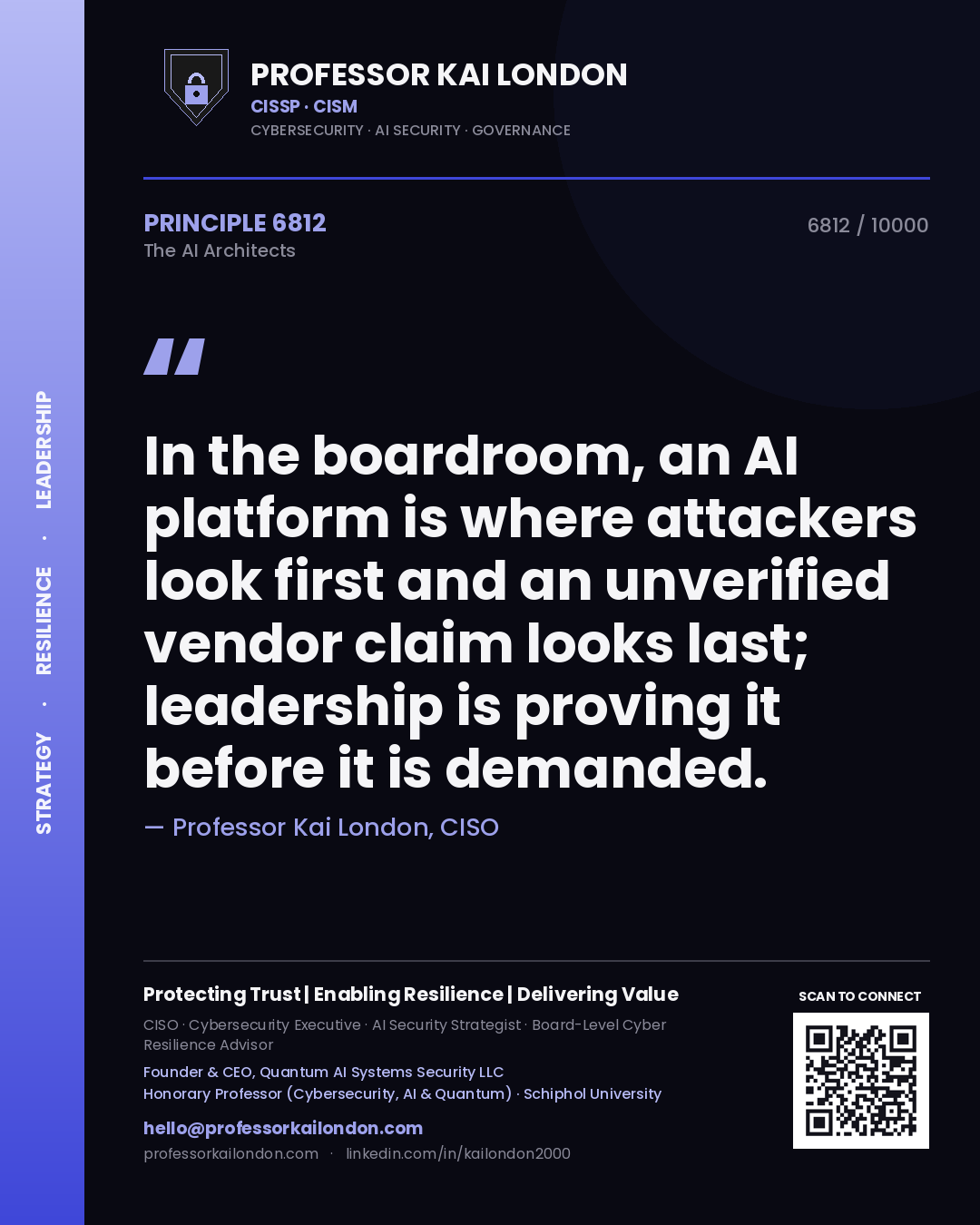 Professor Kai London principle 6812: In the boardroom, an AI platform is where attackers look first and an unverified vendor claim looks last; leadership is proving it before it is demanded.