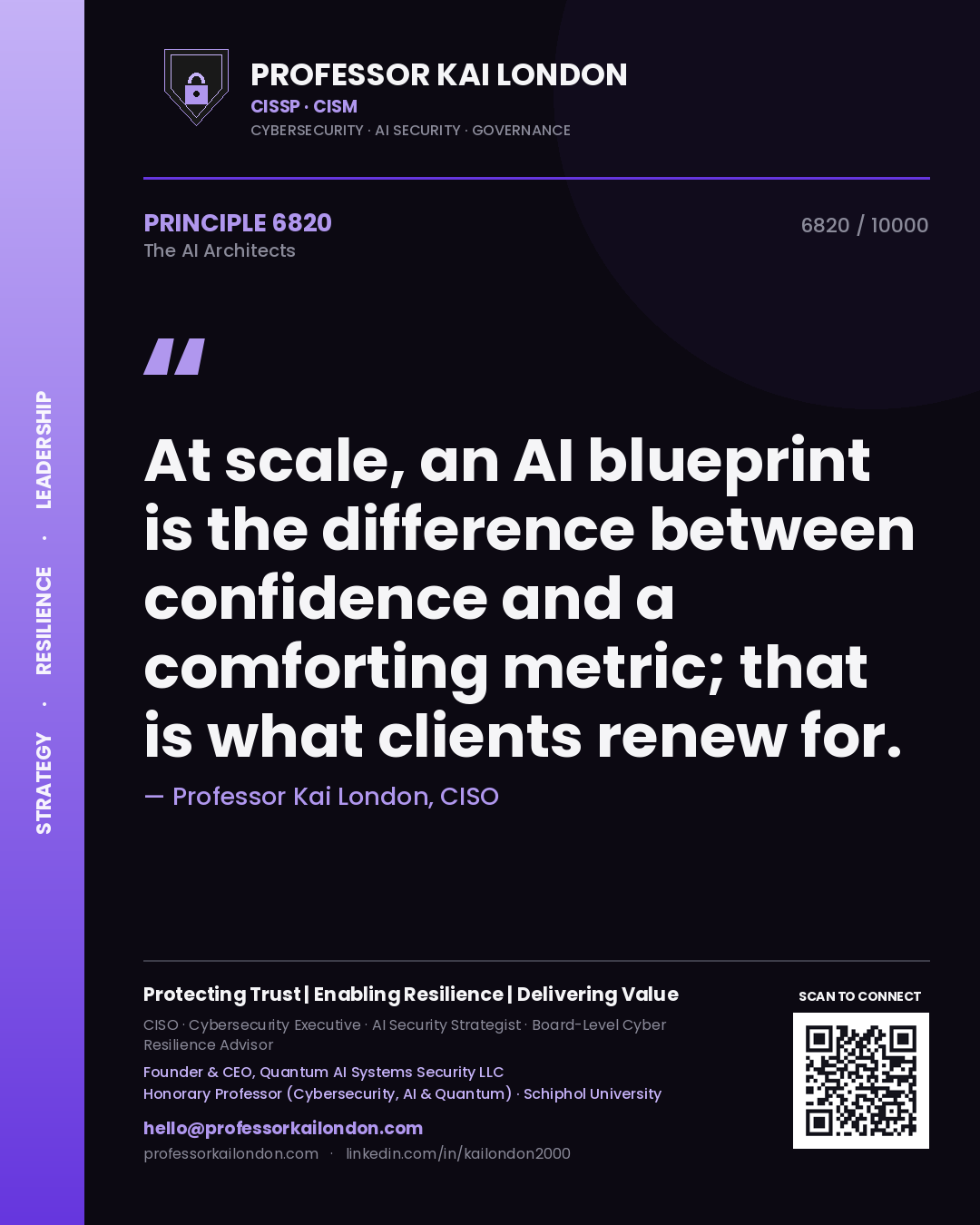 Quote card by Professor Kai London reading 'At scale, an AI blueprint is the difference between confidence and a comforting metric; that is what clients renew for.'. From the book The AI Architects.