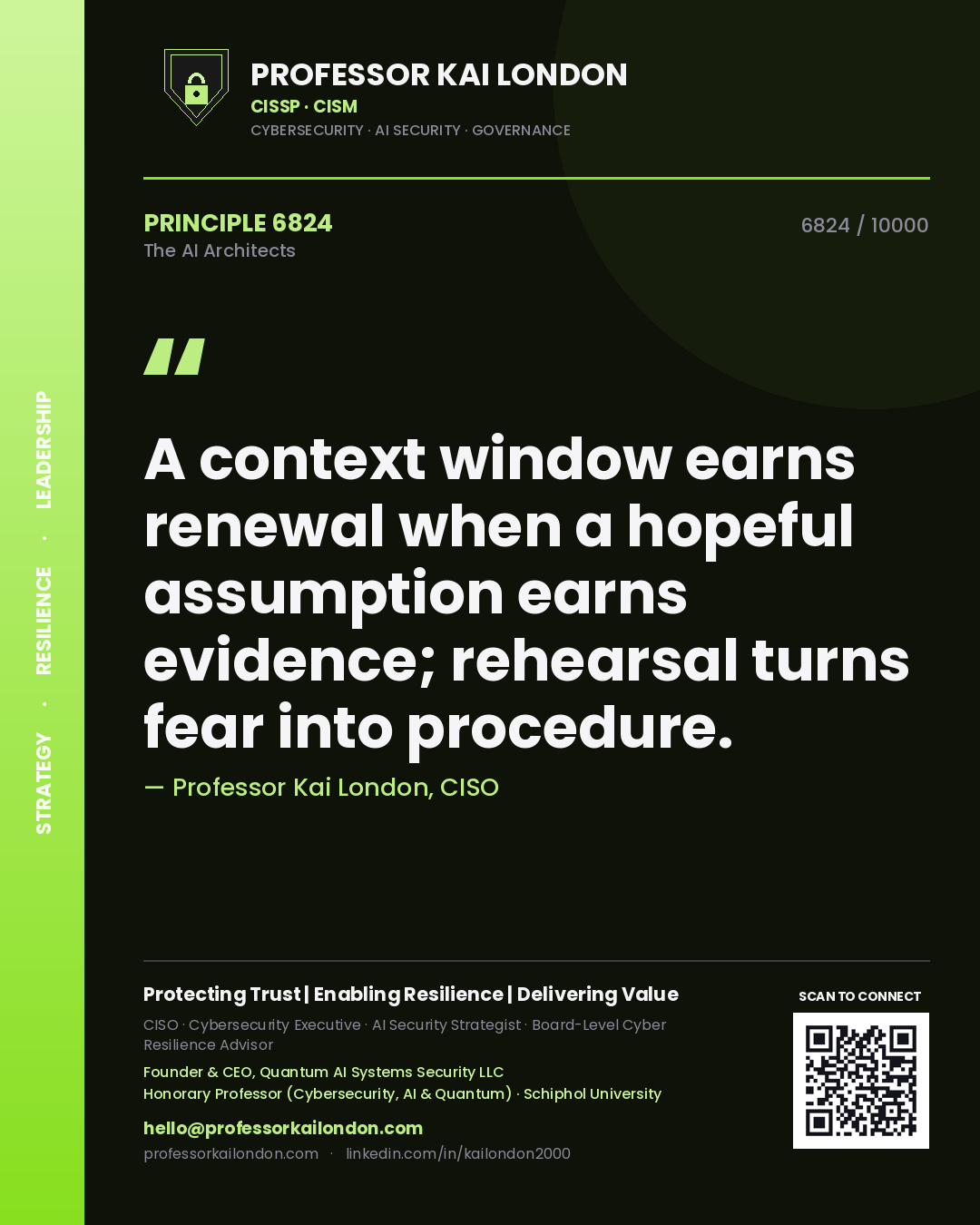 Quote card by Professor Kai London reading 'A context window earns renewal when a hopeful assumption earns evidence; rehearsal turns fear into procedure.'. From the book The AI Architects.