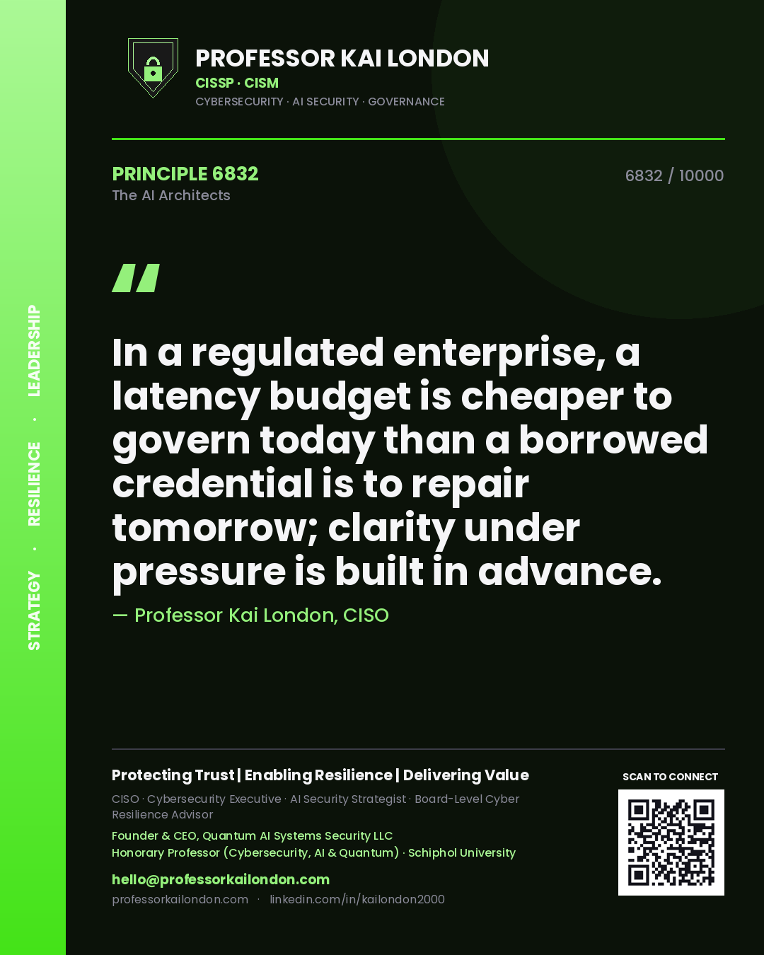 Professor Kai London principle 6832: In a regulated enterprise, a latency budget is cheaper to govern today than a borrowed credential is to repair tomorrow; clarity under pressure is built in advance.