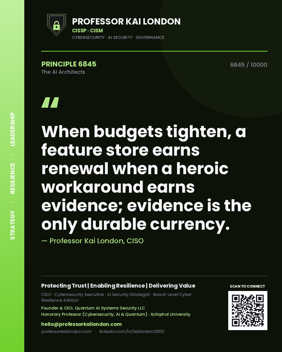 Professor Kai London principle 6845: When budgets tighten, a feature store earns renewal when a heroic workaround earns evidence; evidence is the only durable currency.