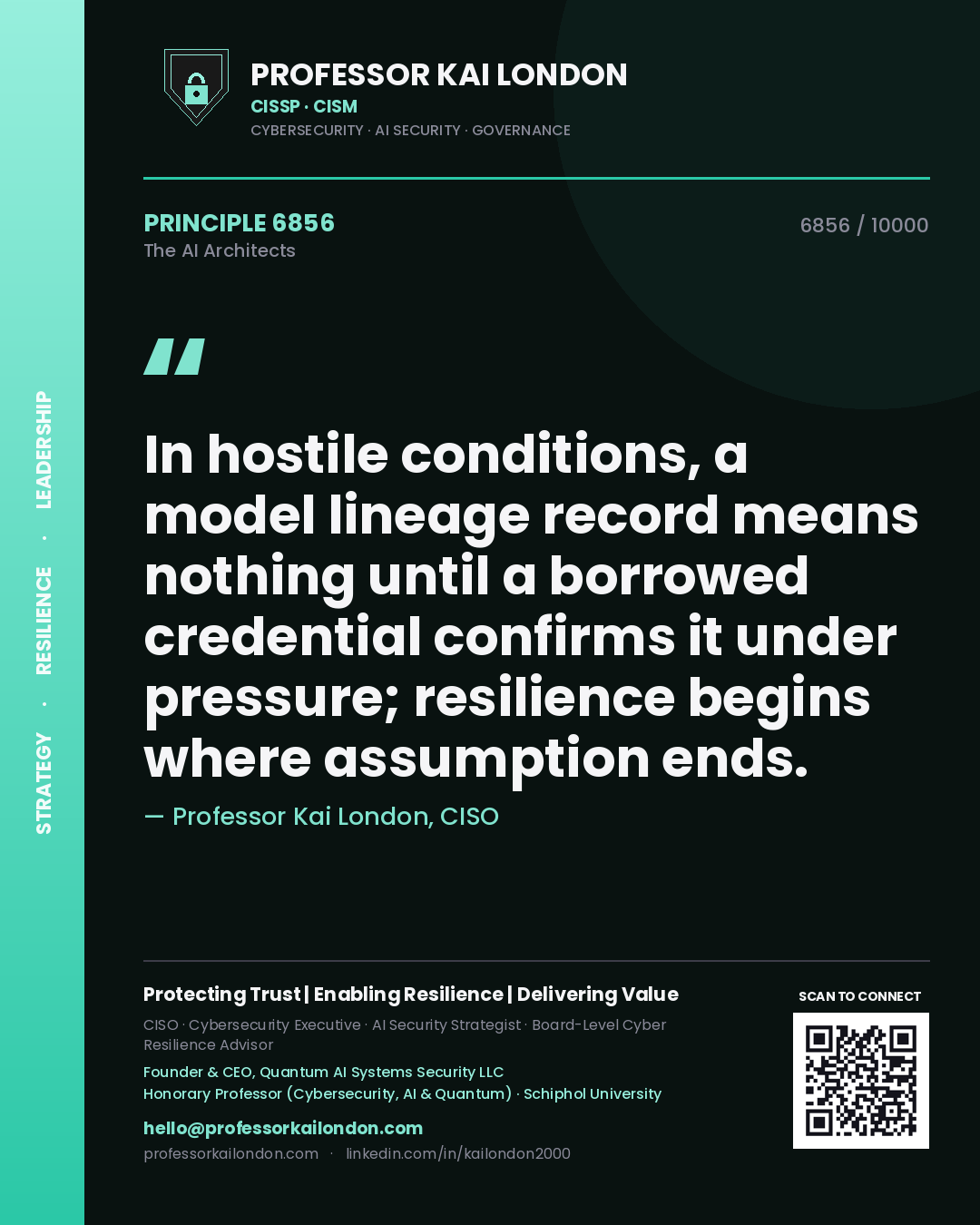 Quote card by Professor Kai London reading 'In hostile conditions, a model lineage record means nothing until a borrowed credential confirms it under pressure; resilience begins where assumption ends.'. From the book The AI Architects.