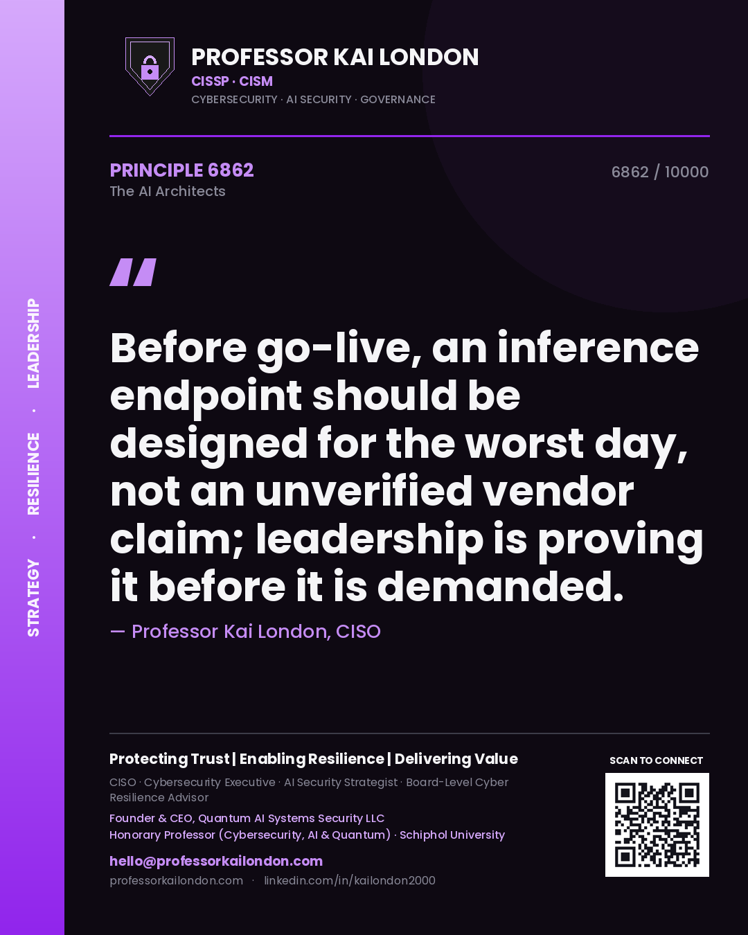 Quote card by Professor Kai London reading 'Before go-live, an inference endpoint should be designed for the worst day, not an unverified vendor claim; leadership is proving it before it is demanded.'. From the book The AI Architects.