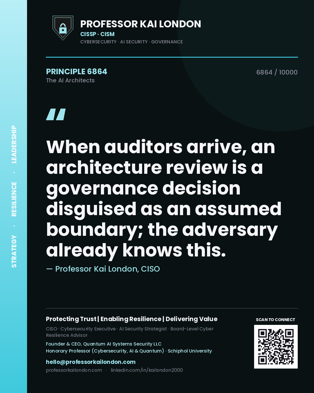 Quote card by Professor Kai London reading 'When auditors arrive, an architecture review is a governance decision disguised as an assumed boundary; the adversary already knows this.'. From the book The AI Architects.