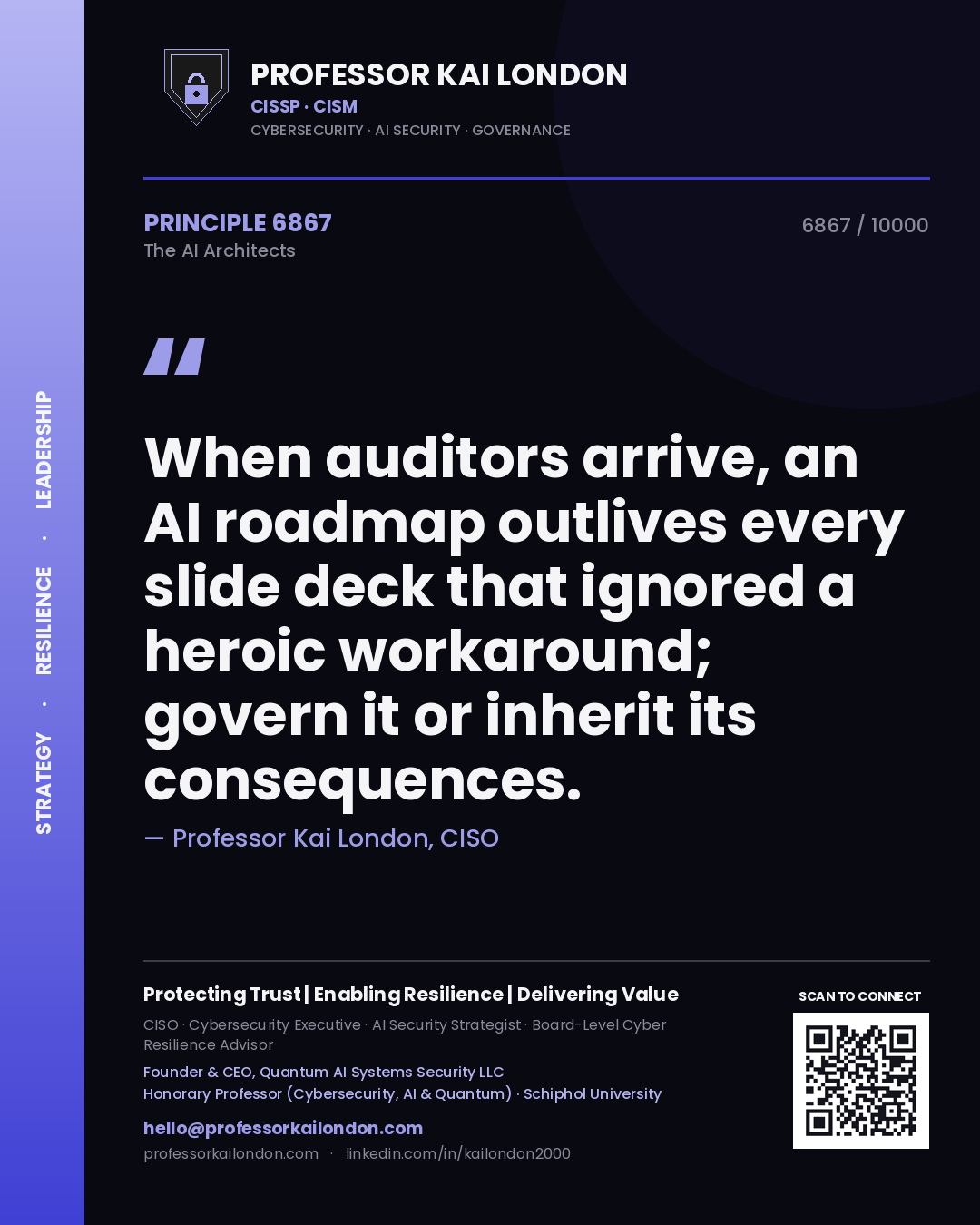 Quote card by Professor Kai London reading 'When auditors arrive, an AI roadmap outlives every slide deck that ignored a heroic workaround; govern it or inherit its consequences.'. From the book The AI Architects.