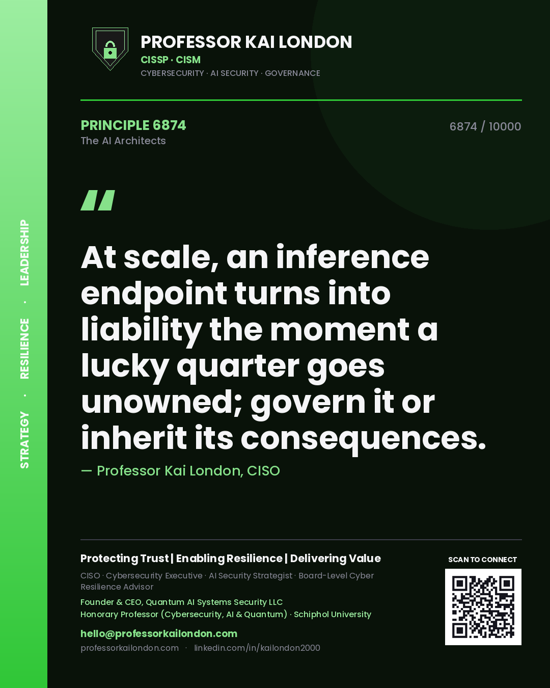 Quote card by Professor Kai London reading 'At scale, an inference endpoint turns into liability the moment a lucky quarter goes unowned; govern it or inherit its consequences.'. From the book The AI Architects.