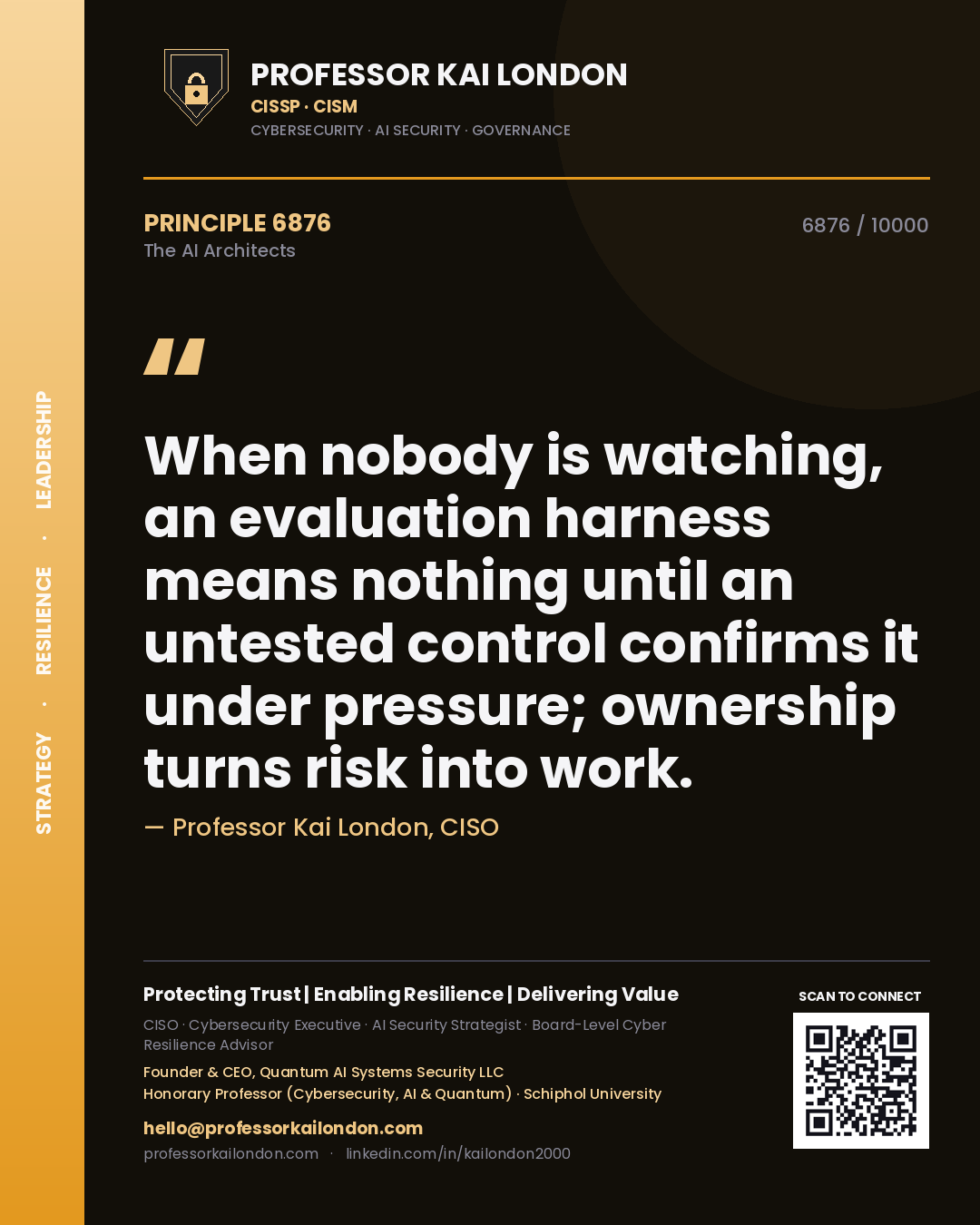 Professor Kai London principle 6876: When nobody is watching, an evaluation harness means nothing until an untested control confirms it under pressure; ownership turns risk into work.