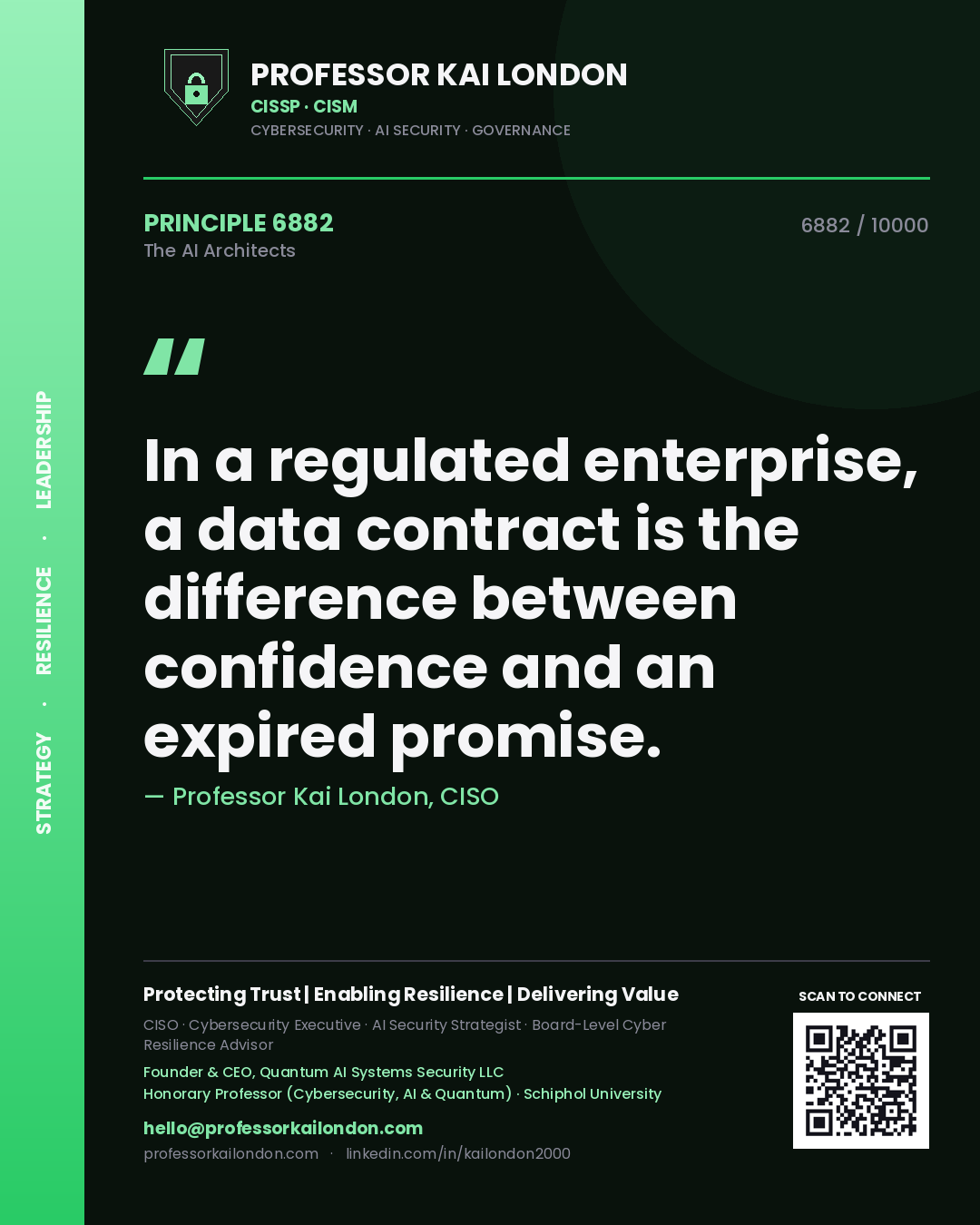Professor Kai London principle 6882: In a regulated enterprise, a data contract is the difference between confidence and an expired promise.