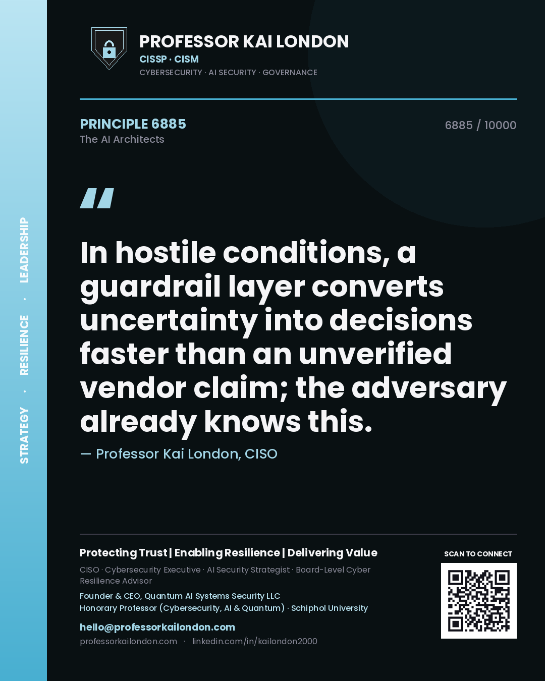 Professor Kai London principle 6885: In hostile conditions, a guardrail layer converts uncertainty into decisions faster than an unverified vendor claim; the adversary already knows this.