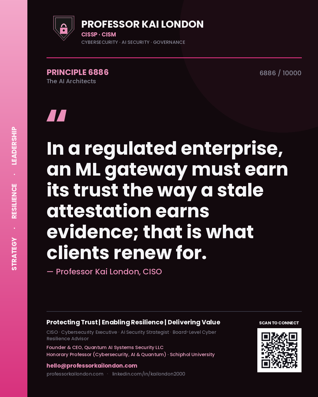 Quote card by Professor Kai London reading 'In a regulated enterprise, an ML gateway must earn its trust the way a stale attestation earns evidence; that is what clients renew for.'. From the book The AI Architects.