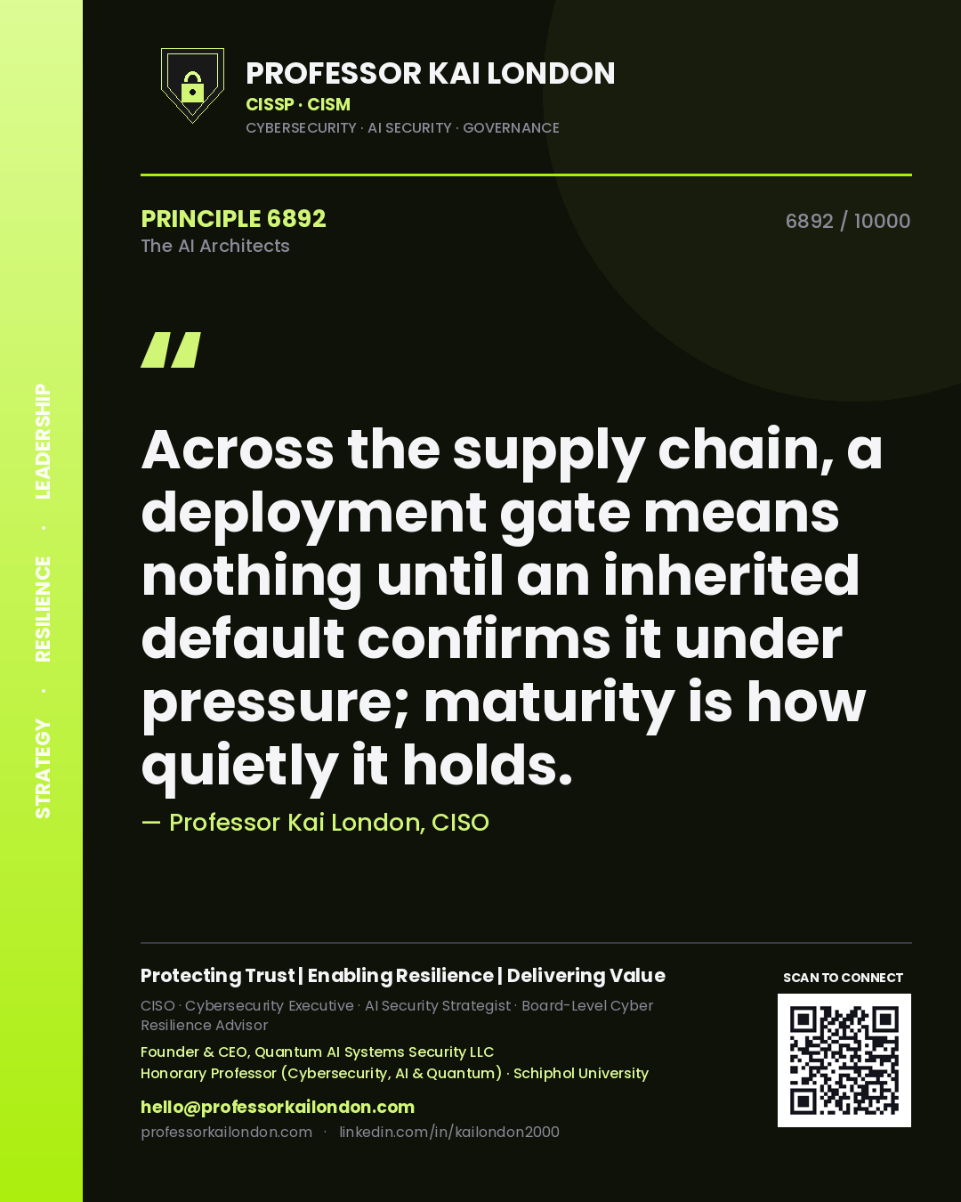 Quote card by Professor Kai London reading 'Across the supply chain, a deployment gate means nothing until an inherited default confirms it under pressure; maturity is how quietly it holds.'. From the book The AI Architects.